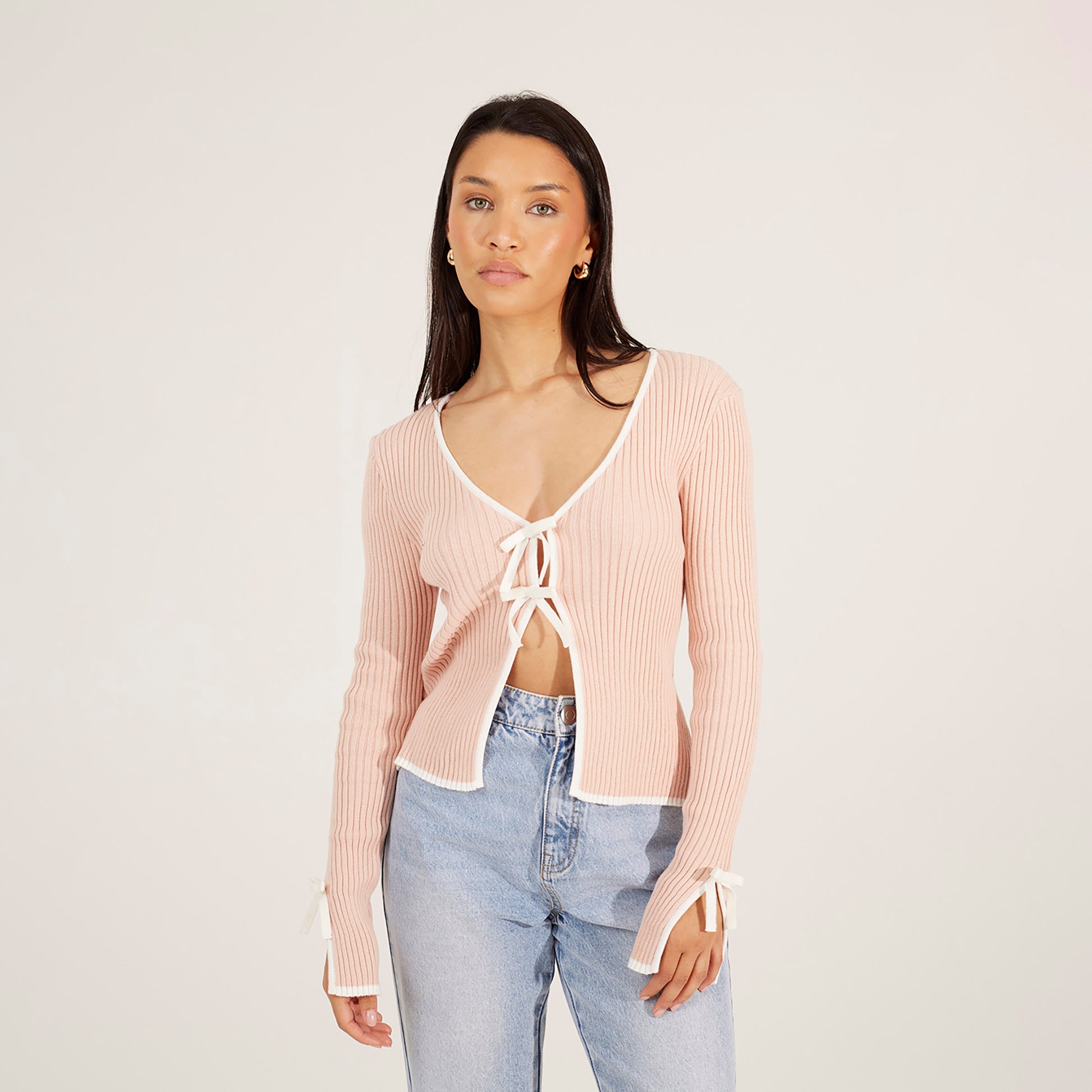 Brave Soul Pale Pink Ribbed Knitted Cardigan with Bow Fastening - Pale Pink Image 1