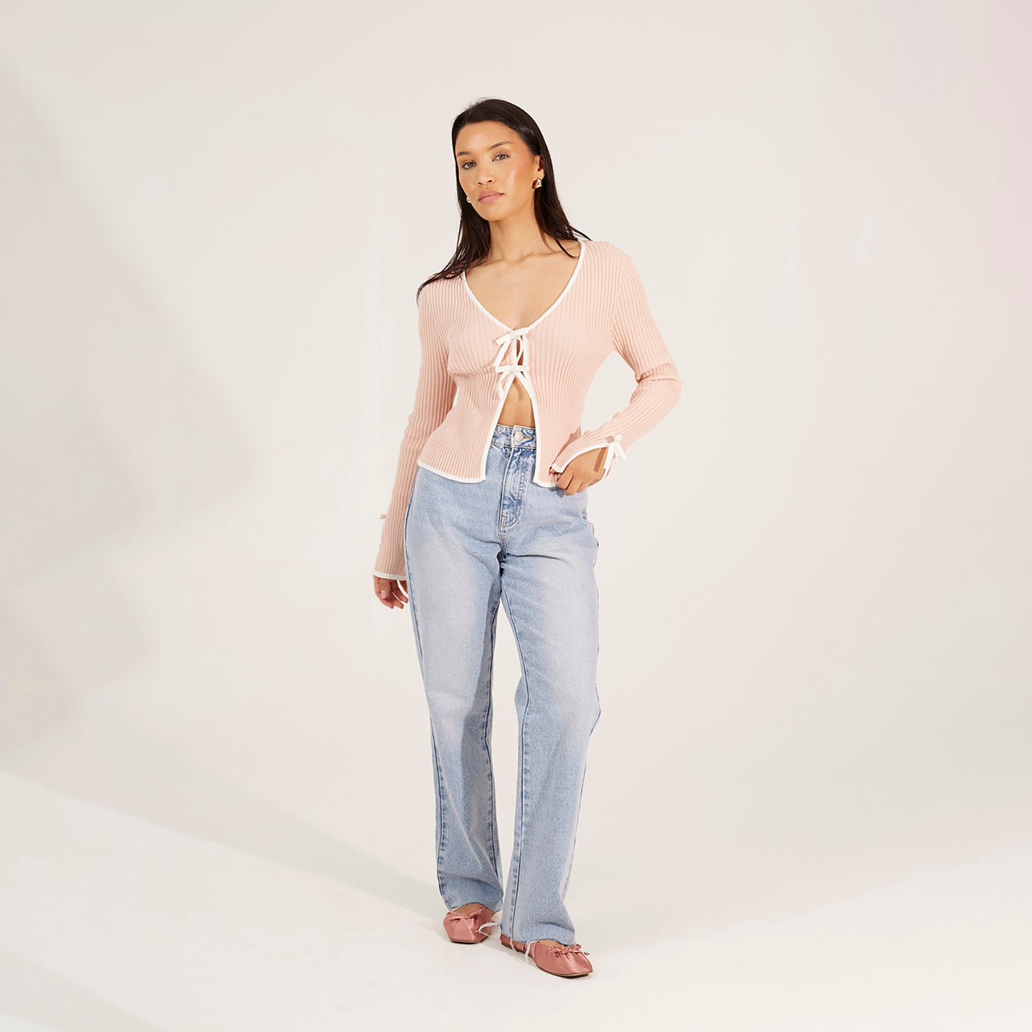Brave Soul Pale Pink Ribbed Knitted Cardigan with Bow Fastening - Pale Pink Image 3