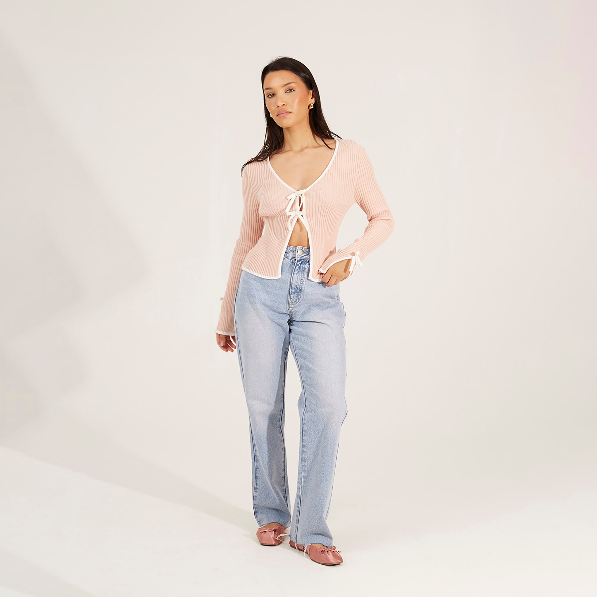Brave Soul Pale Pink Ribbed Knitted Cardigan with Bow Fastening - Pale Pink Image 3