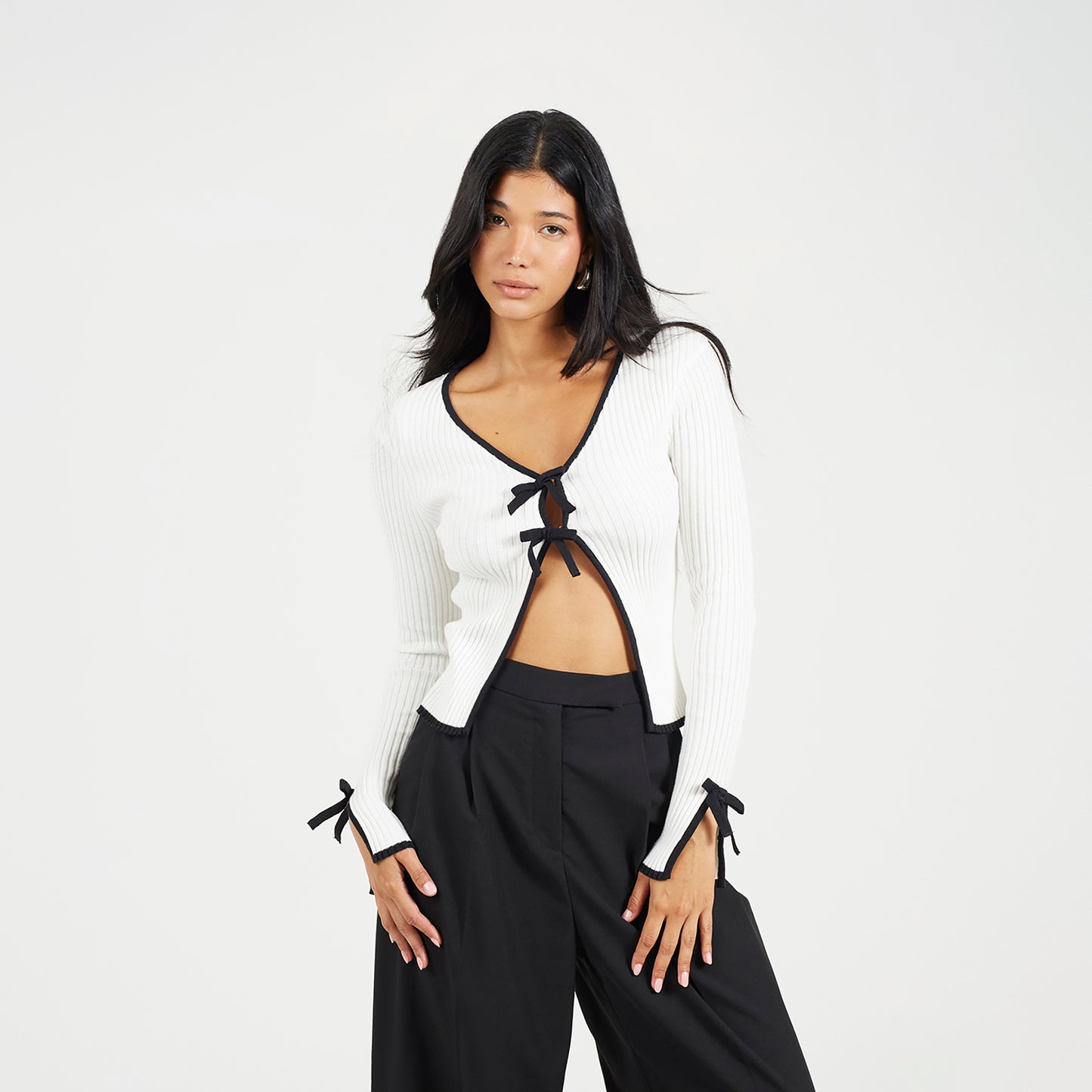 Brave Soul Cream Ribbed Knitted Cardigan with Bow Fastening - Cream Image 1