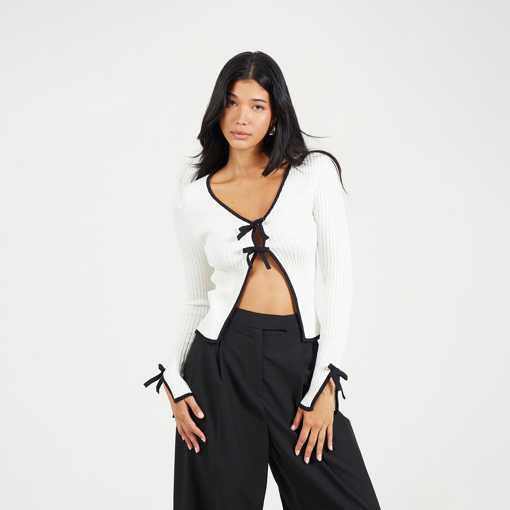 Brave Soul Cream Ribbed Knitted Cardigan with Bow Fastening - Cream Image 1