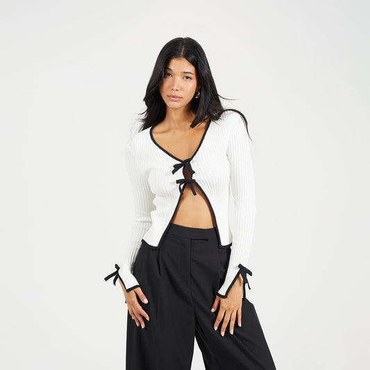 Brave Soul Cream Ribbed Knitted Cardigan with Bow Fastening - Cream Image 1