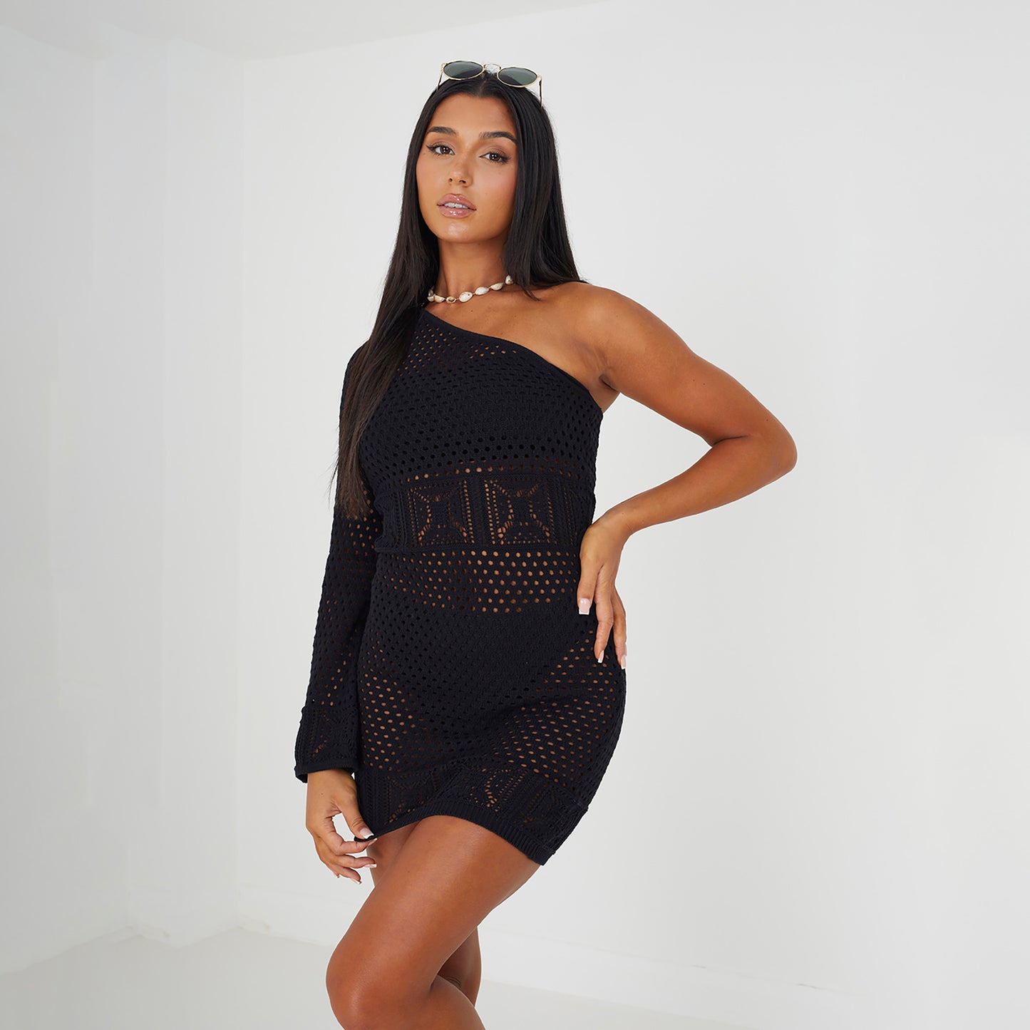Brave Soul Black One Sleeve Crochet Knit Beach Dress - Black Image 1