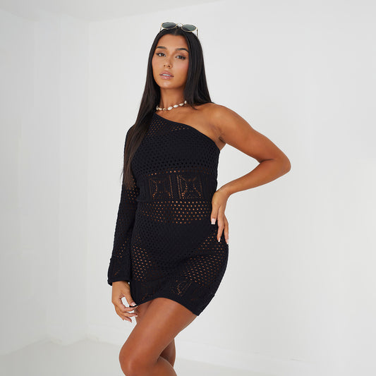 Brave Soul Black One Sleeve Crochet Knit Beach Dress - Black Image 1