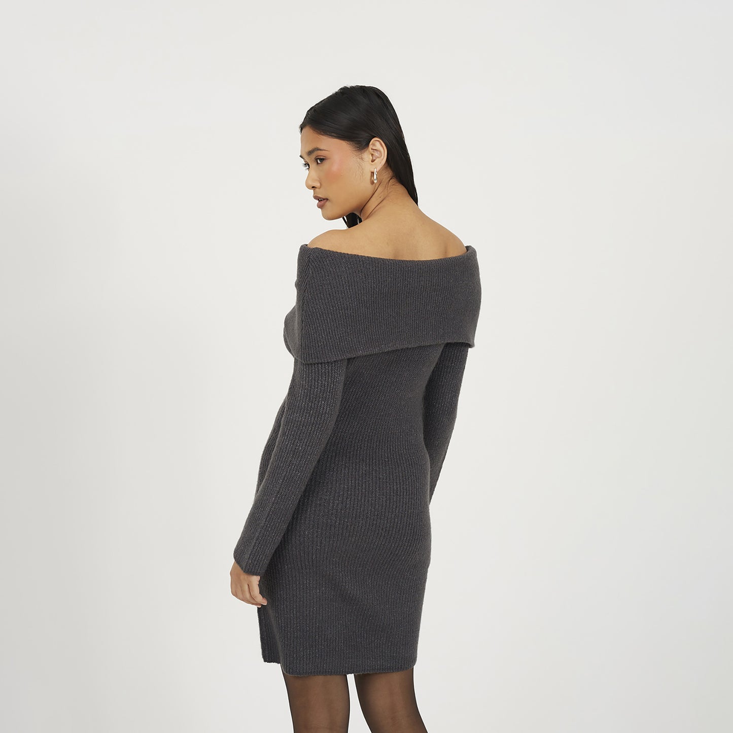 Brave Soul Charcoal Bardot Ribbed Knit Mini Dress - Charcoal Image 2