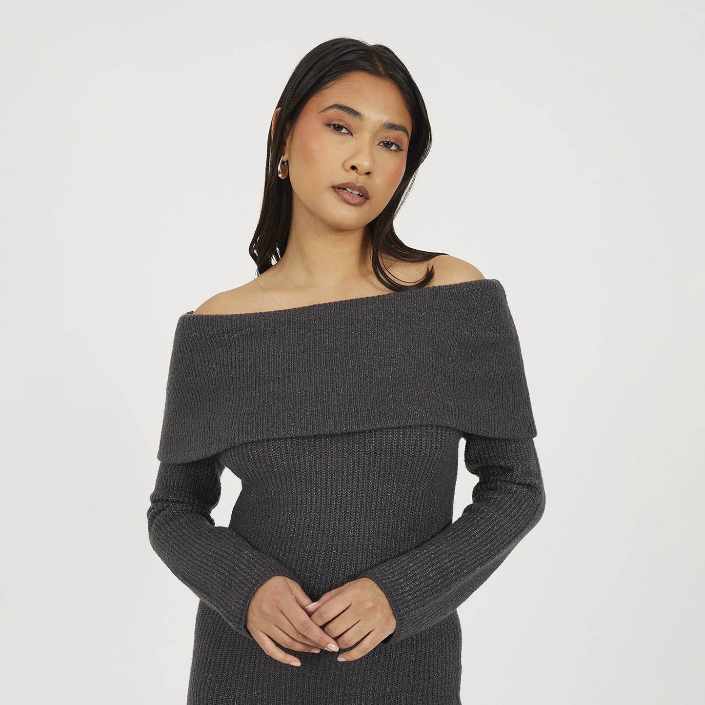 Brave Soul Charcoal Bardot Ribbed Knit Mini Dress - Charcoal Image 4