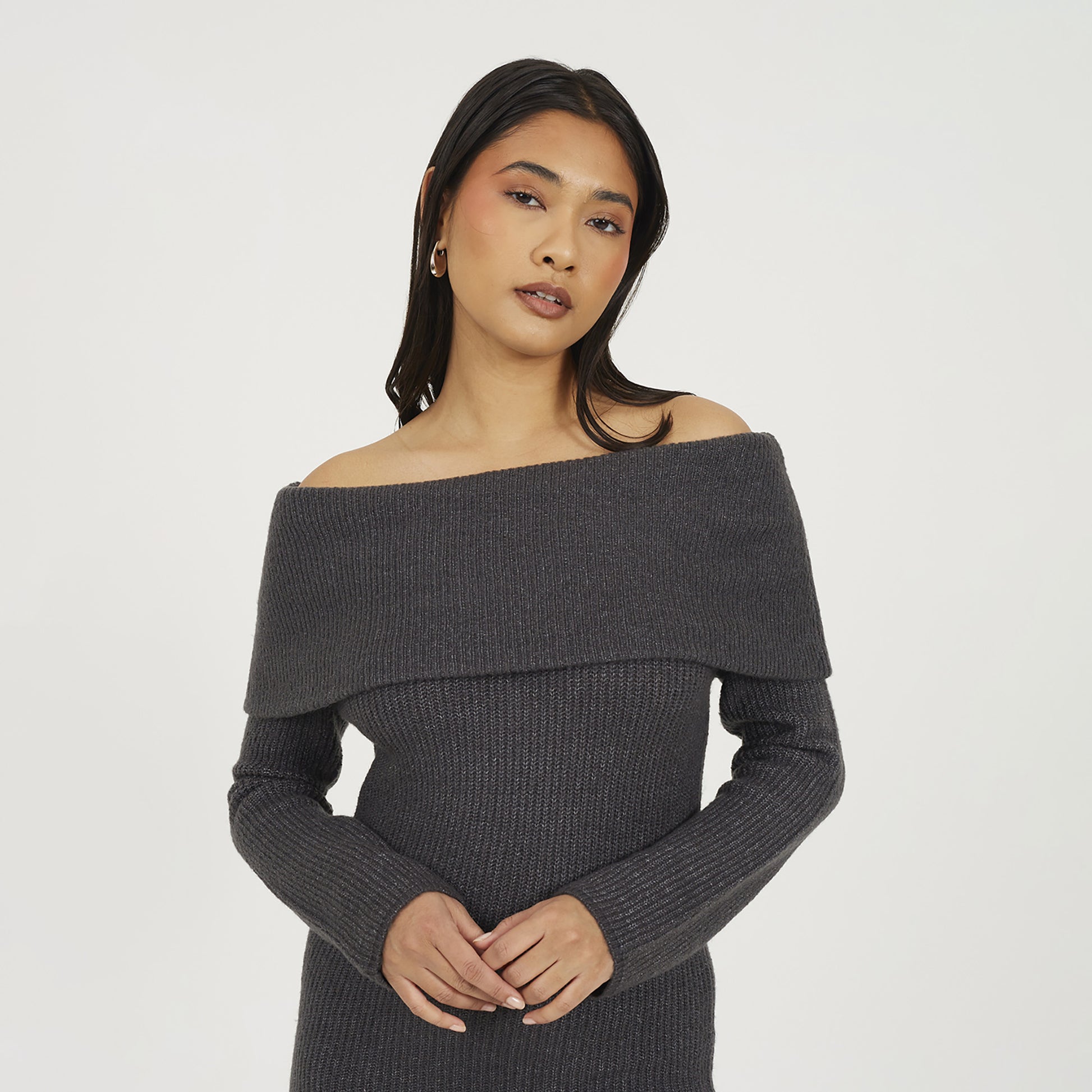 Brave Soul Charcoal Bardot Ribbed Knit Mini Dress - Charcoal Image 4