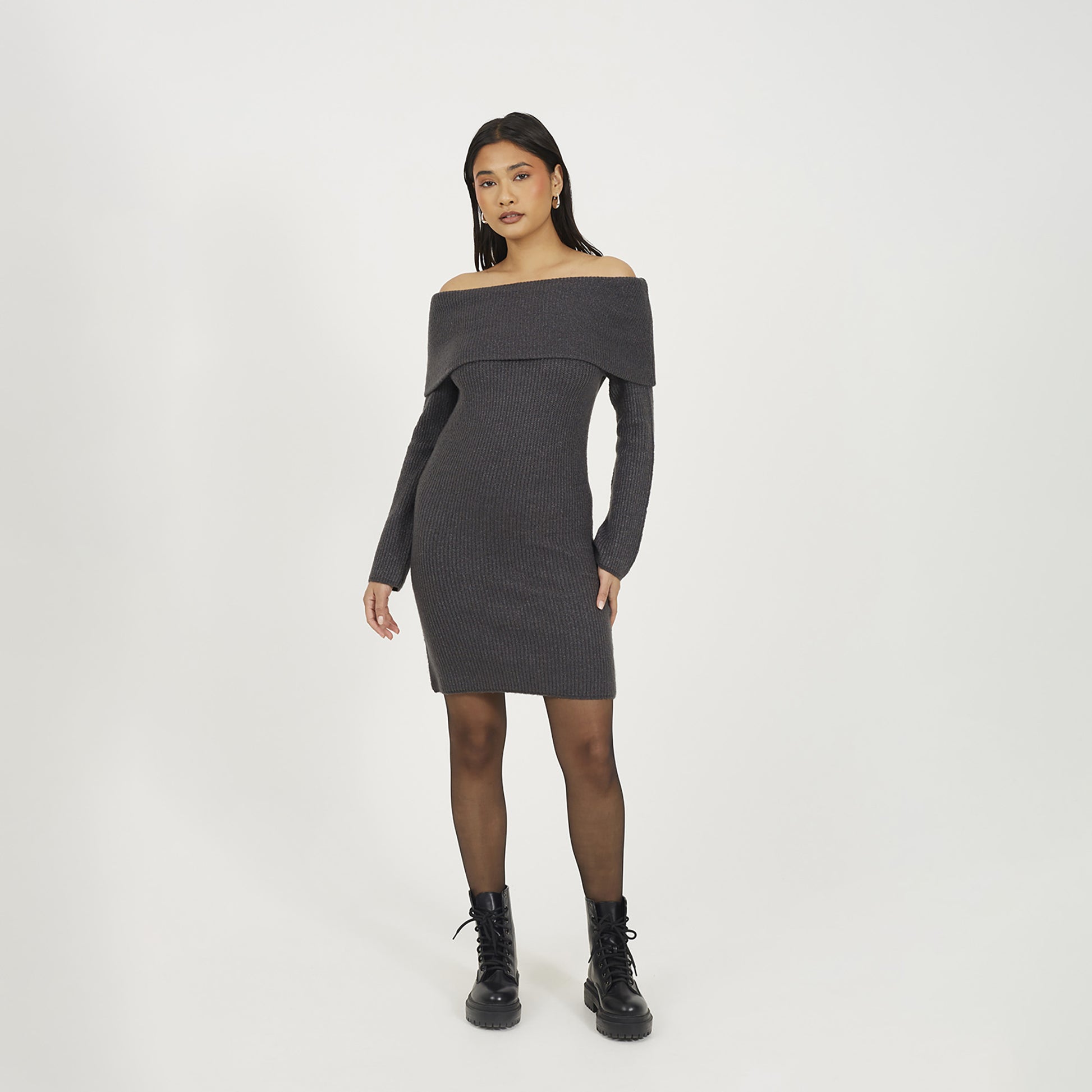Brave Soul Charcoal Bardot Ribbed Knit Mini Dress - Charcoal Image 3