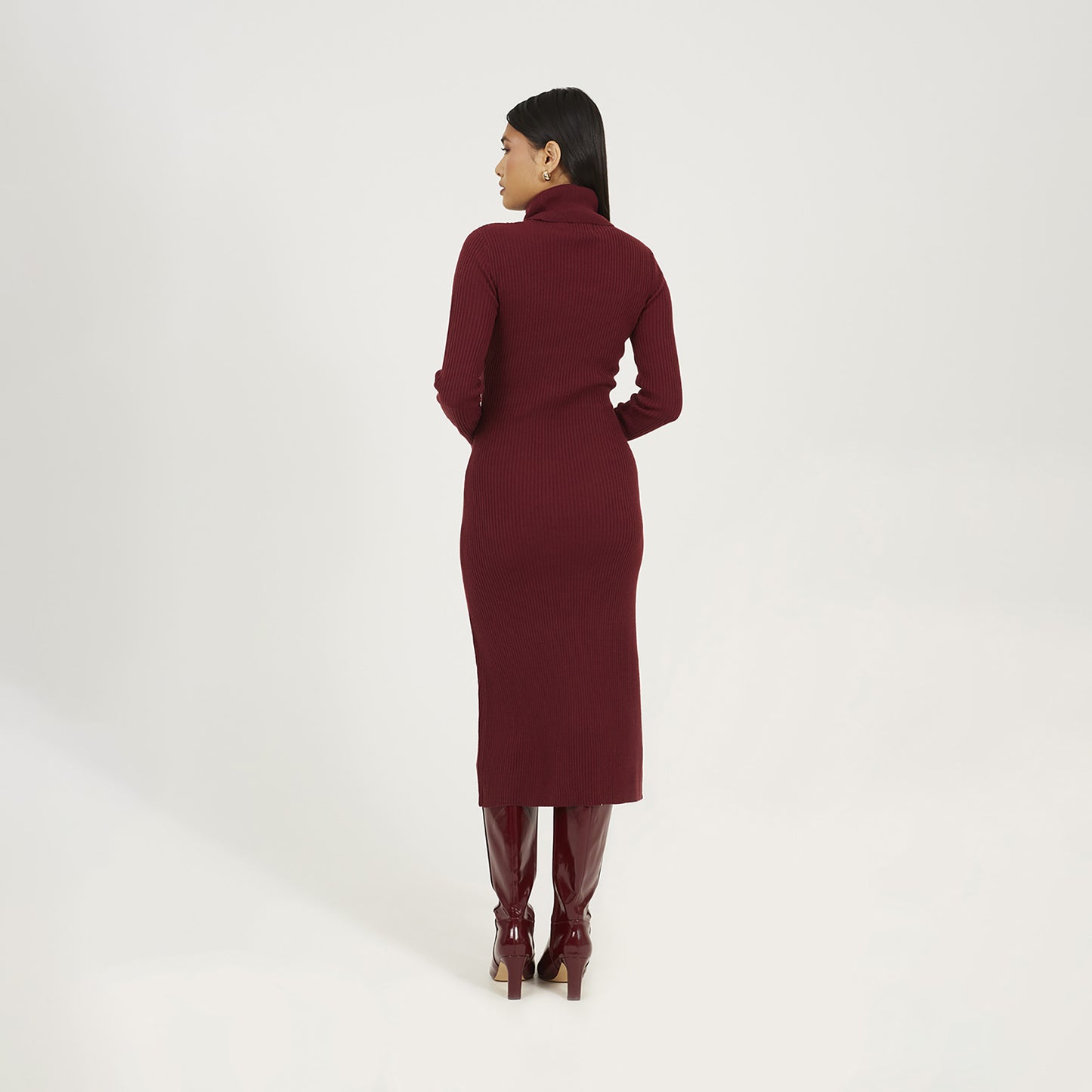 Brave Soul Wine Roll Neck Ribbed Knit Midi Dress - Wine Image 2