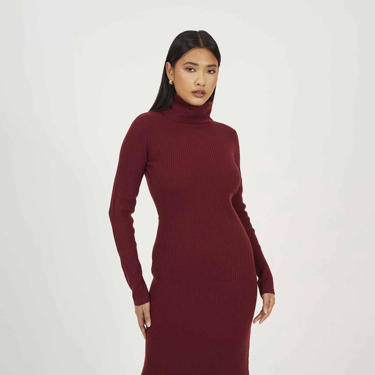 Brave Soul Wine Roll Neck Ribbed Knit Midi Dress - Wine Image 3