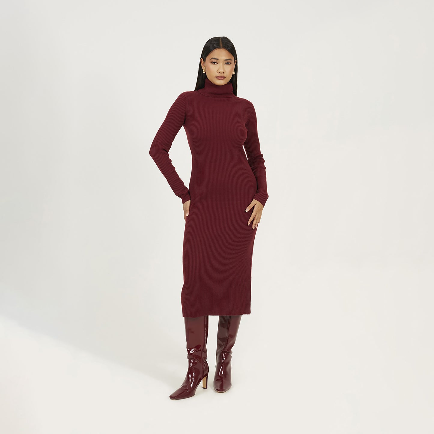 Brave Soul Wine Roll Neck Ribbed Knit Midi Dress - Wine Image 1