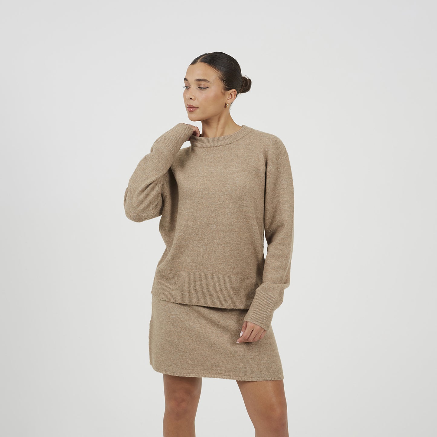 Brave Soul Taupe Knitted Jumper and Mini Skirt Set - Taupe Image 1