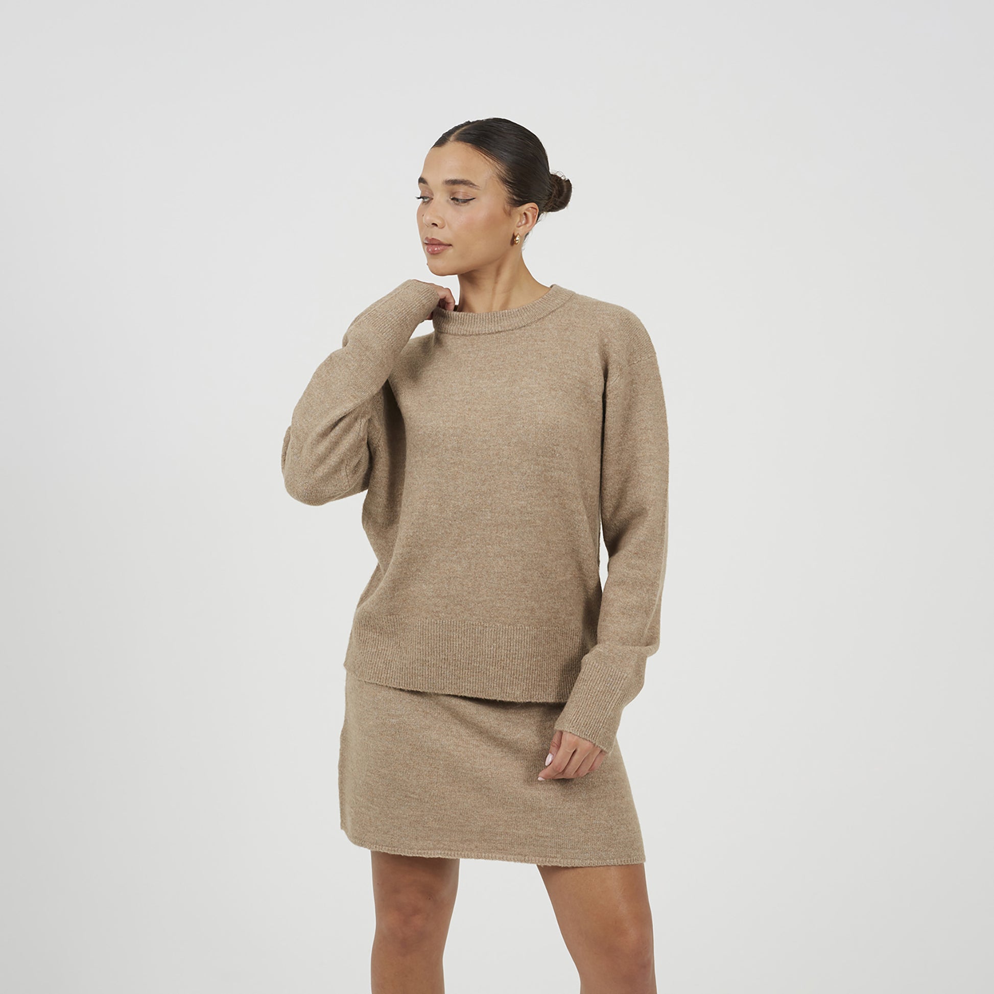 Brave Soul Taupe Knitted Jumper and Mini Skirt Set - Taupe Image 1
