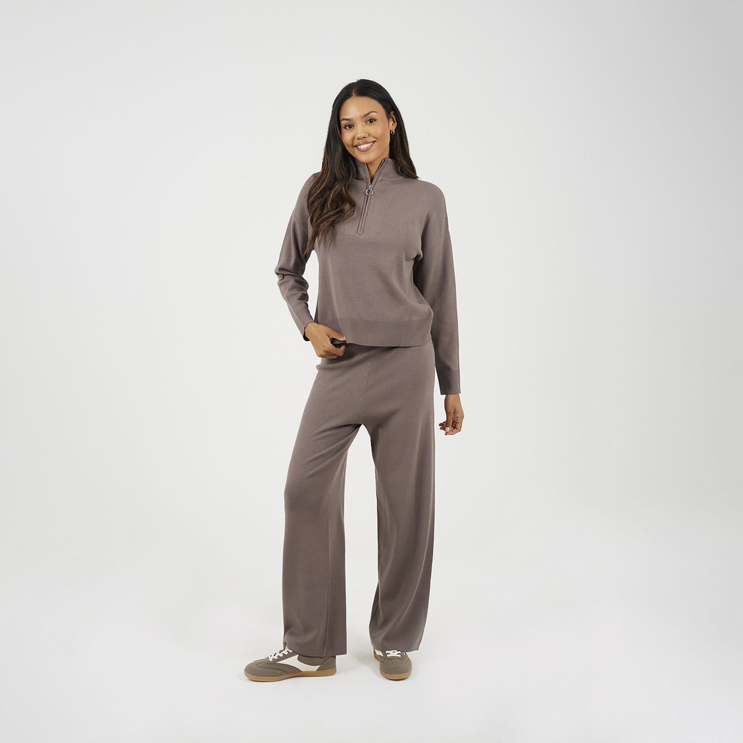 Brave Soul Taupe Knitted Zip Neck Jumper and Trouser Set - Taupe Image 1