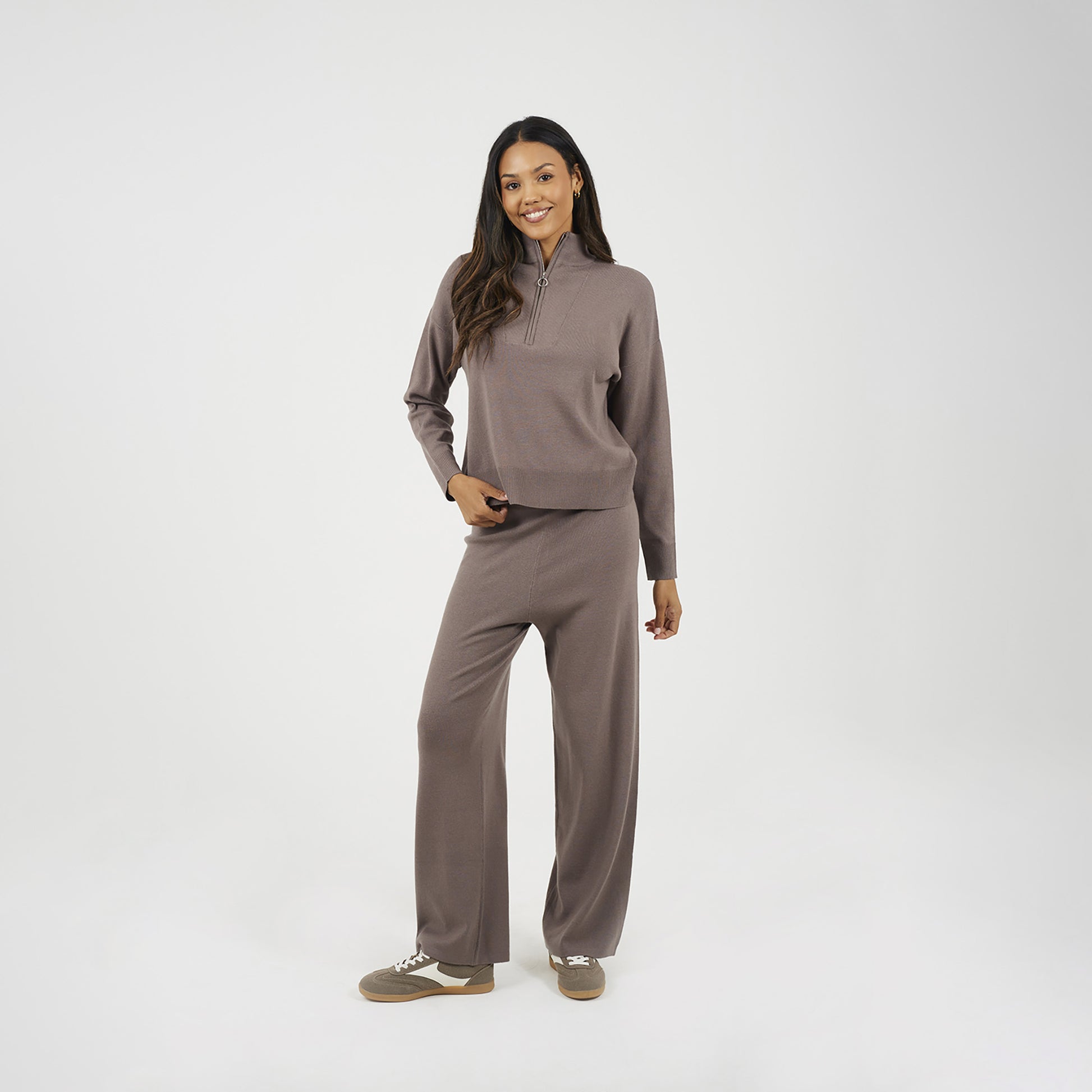 Brave Soul Taupe Knitted Zip Neck Jumper and Trouser Set - Taupe Image 1