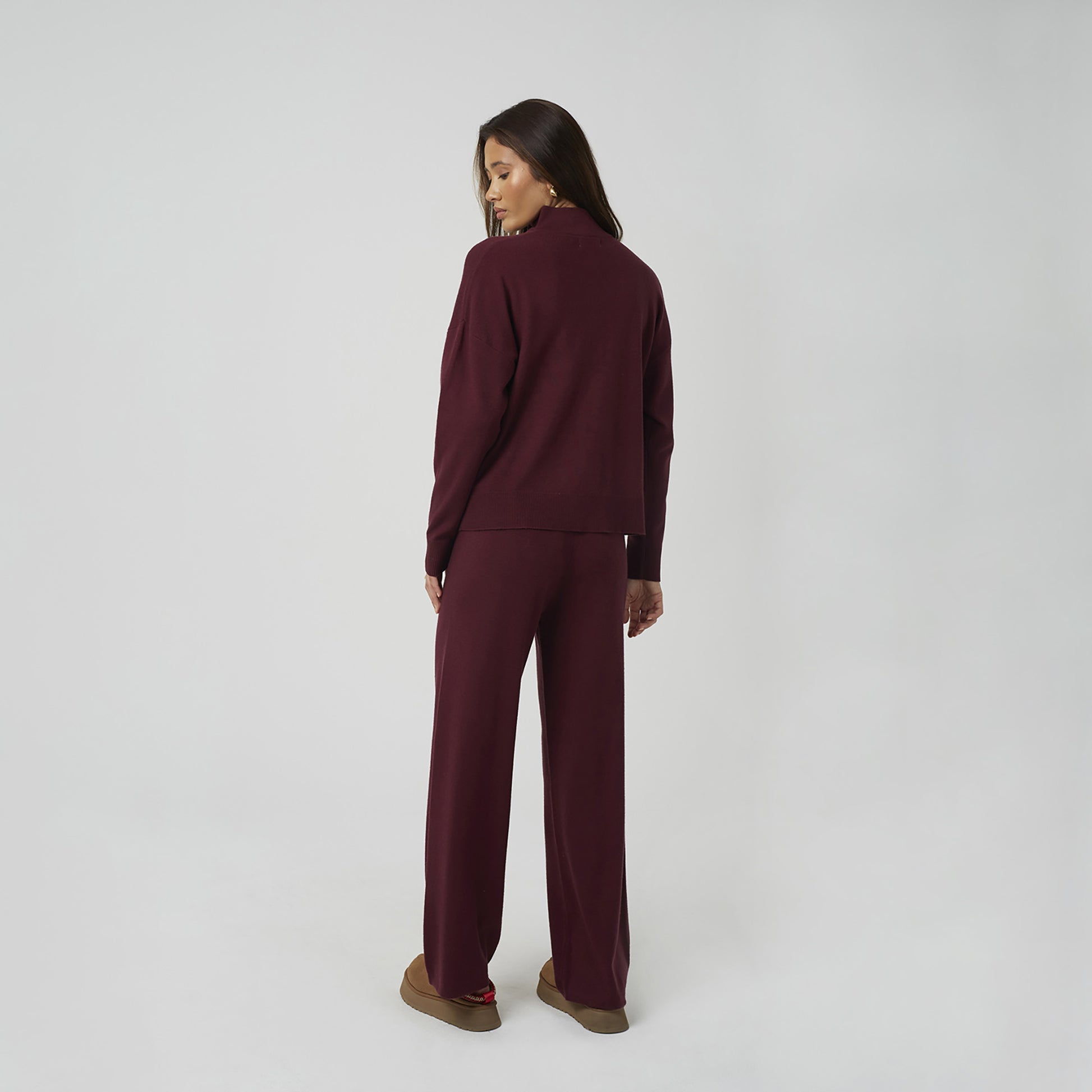 Brave Soul Wine Knitted Zip Neck Jumper and Trouser Set - Wine Image 2