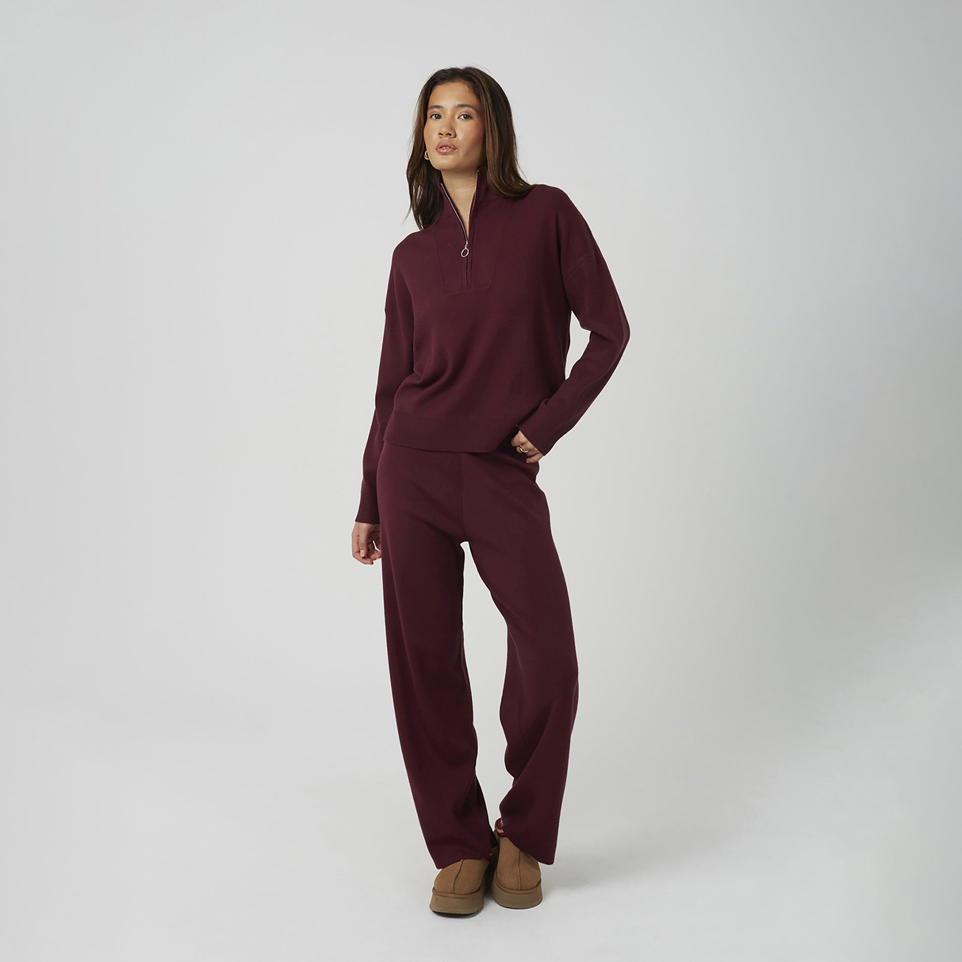 Brave Soul Wine Knitted Zip Neck Jumper and Trouser Set - Wine Image 1