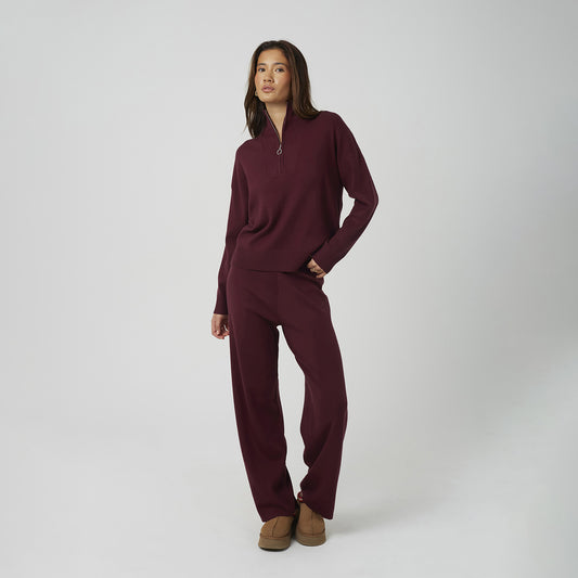 Brave Soul Wine Knitted Zip Neck Jumper and Trouser Set - Wine Image 1