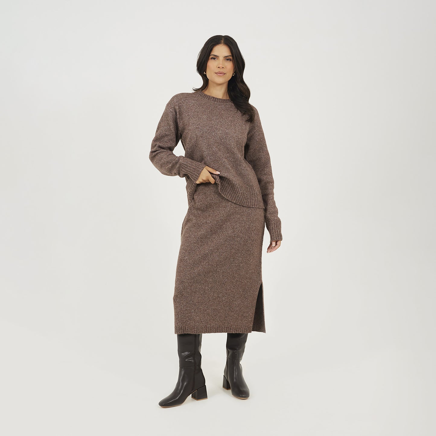 Brave Soul Brown Knitted Jumper and Midi Skirt Set - Brown Image 1