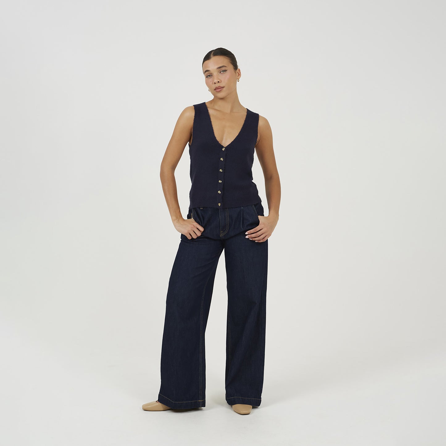 Brave Soul Navy Mossy Yarn V-Neck Knitted Waistcoat - Navy Image 3