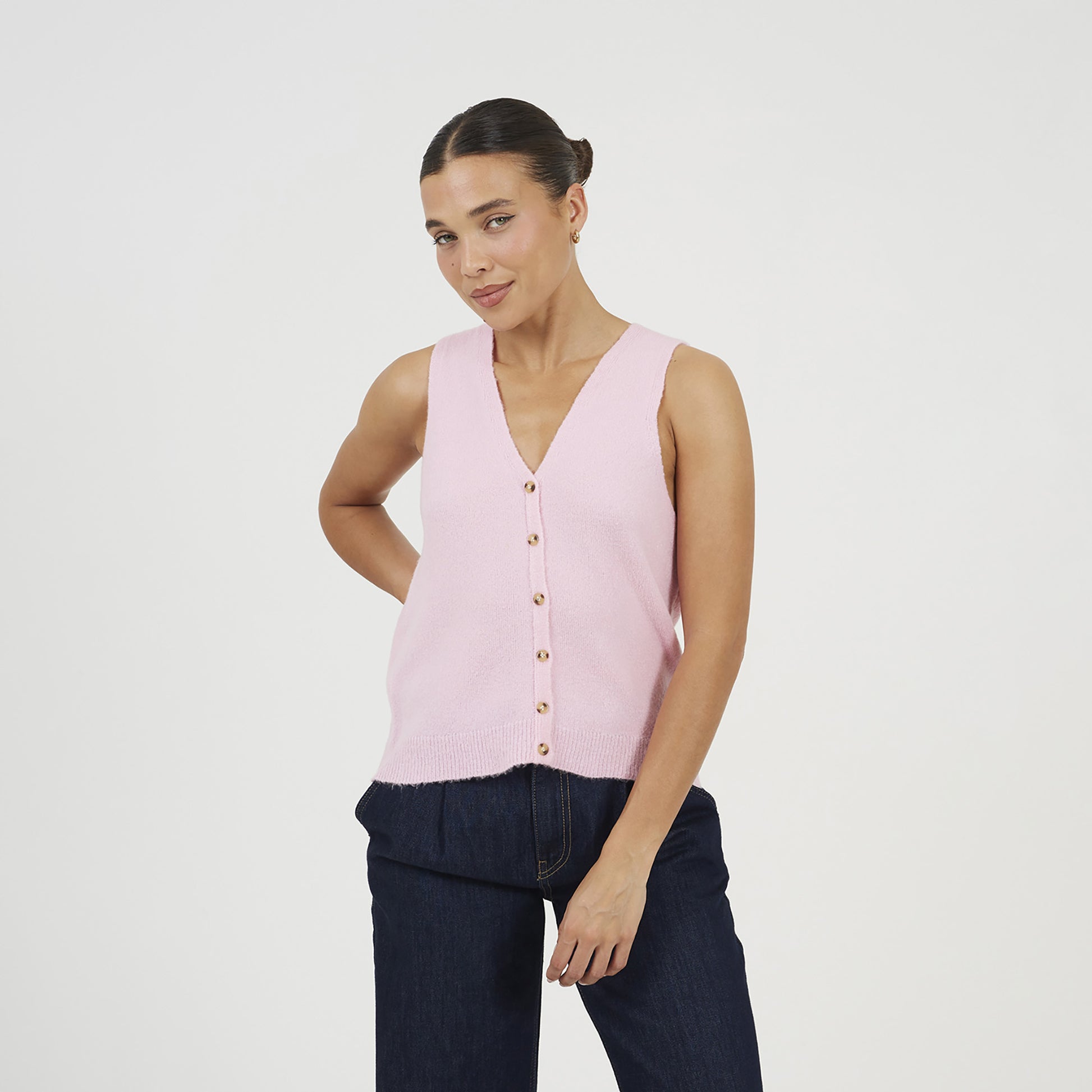 Brave Soul Pink Mossy Yarn V-Neck Knitted Waistcoat - Pink Image 1