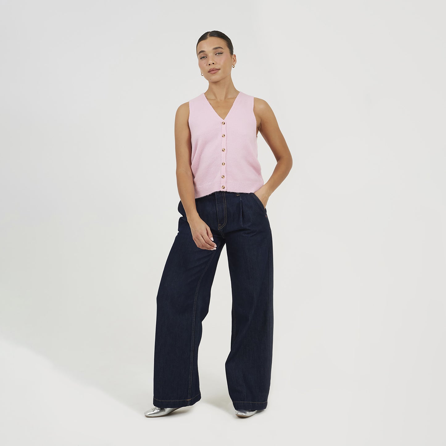 Brave Soul Pink Mossy Yarn V-Neck Knitted Waistcoat - Pink Image 3