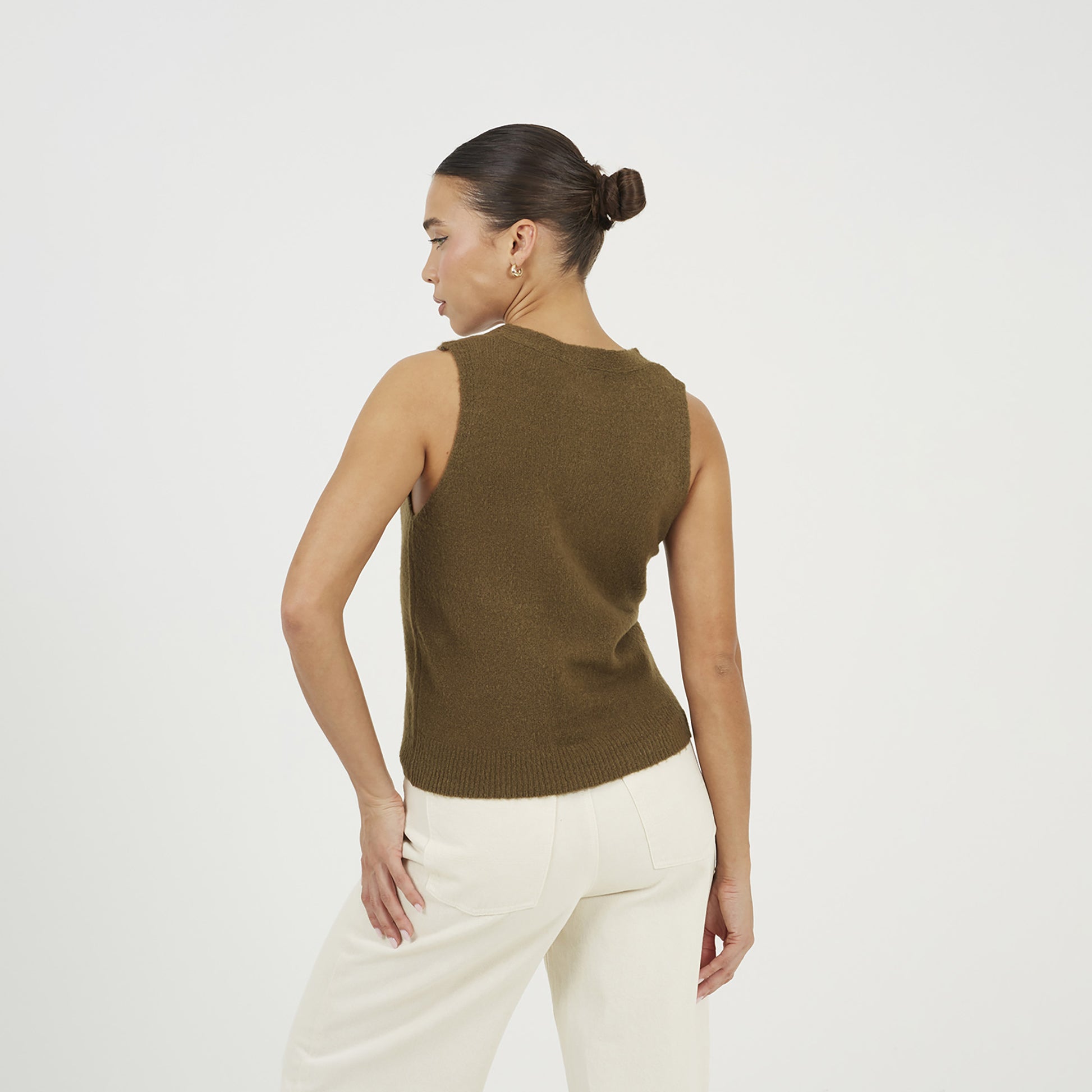 Brave Soul Khaki Mossy Yarn V-Neck Knitted Waistcoat - Khaki Image 2