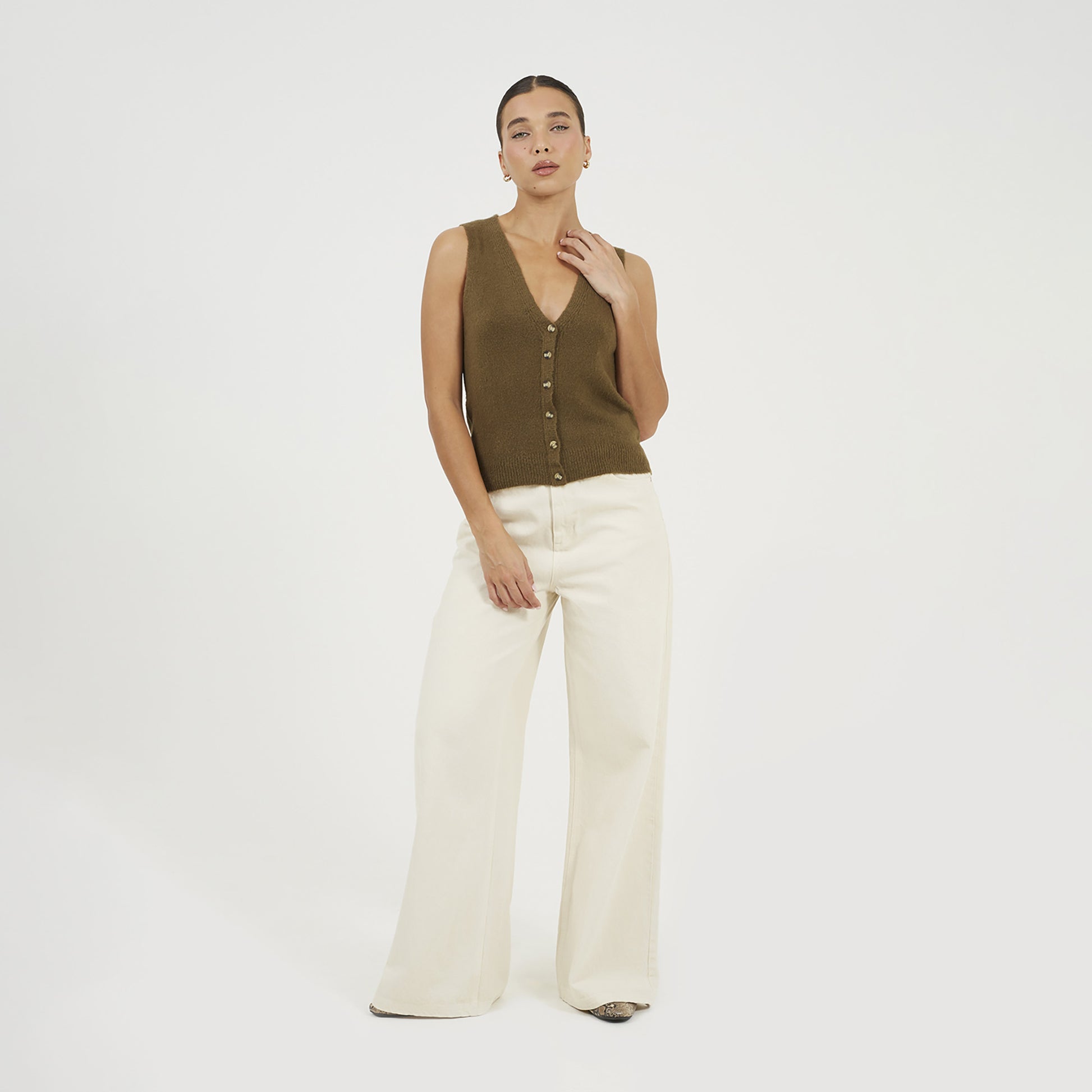 Brave Soul Khaki Mossy Yarn V-Neck Knitted Waistcoat - Khaki Image 3