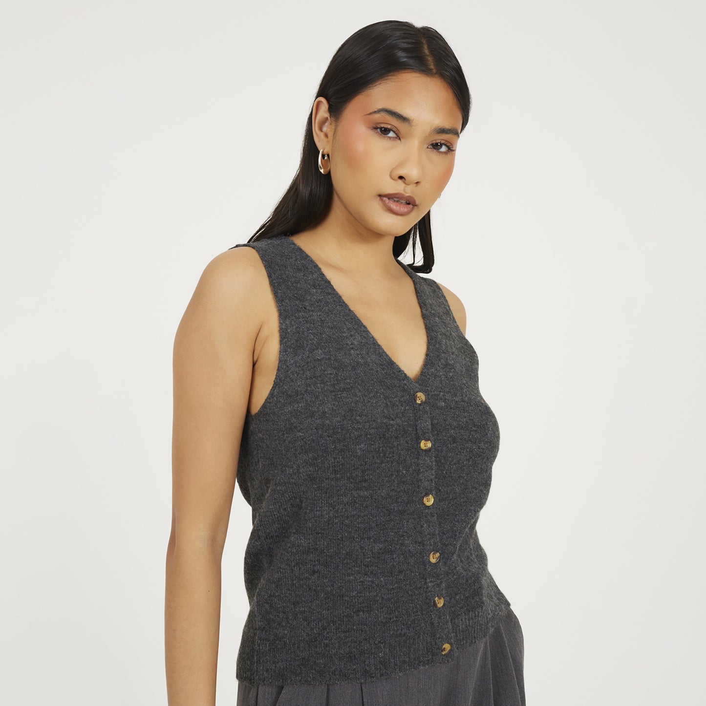Brave Soul Charcoal Mossy Yarn V-Neck Knitted Waistcoat - Charcoal Image 4