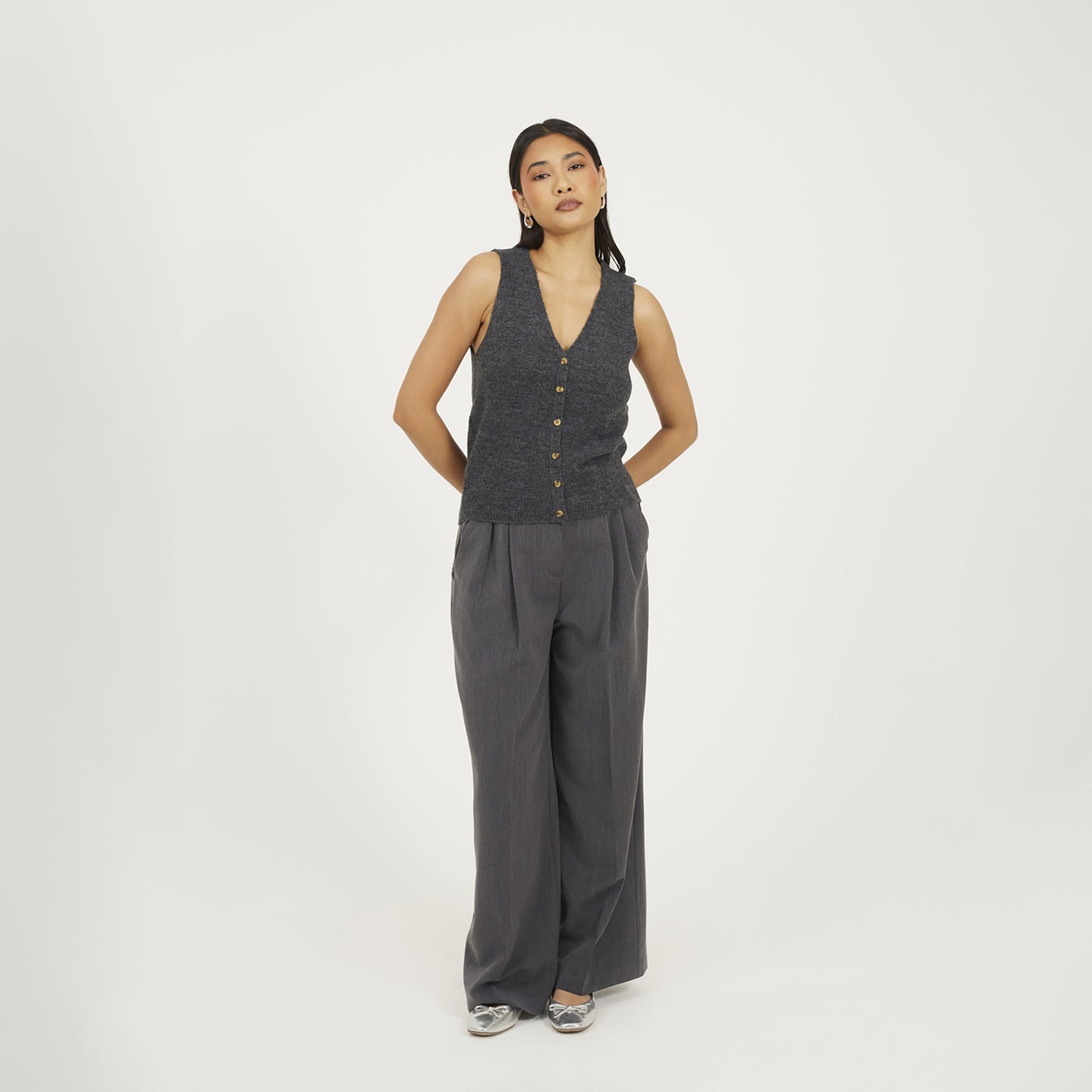 Brave Soul Charcoal Mossy Yarn V-Neck Knitted Waistcoat - Charcoal Image 3