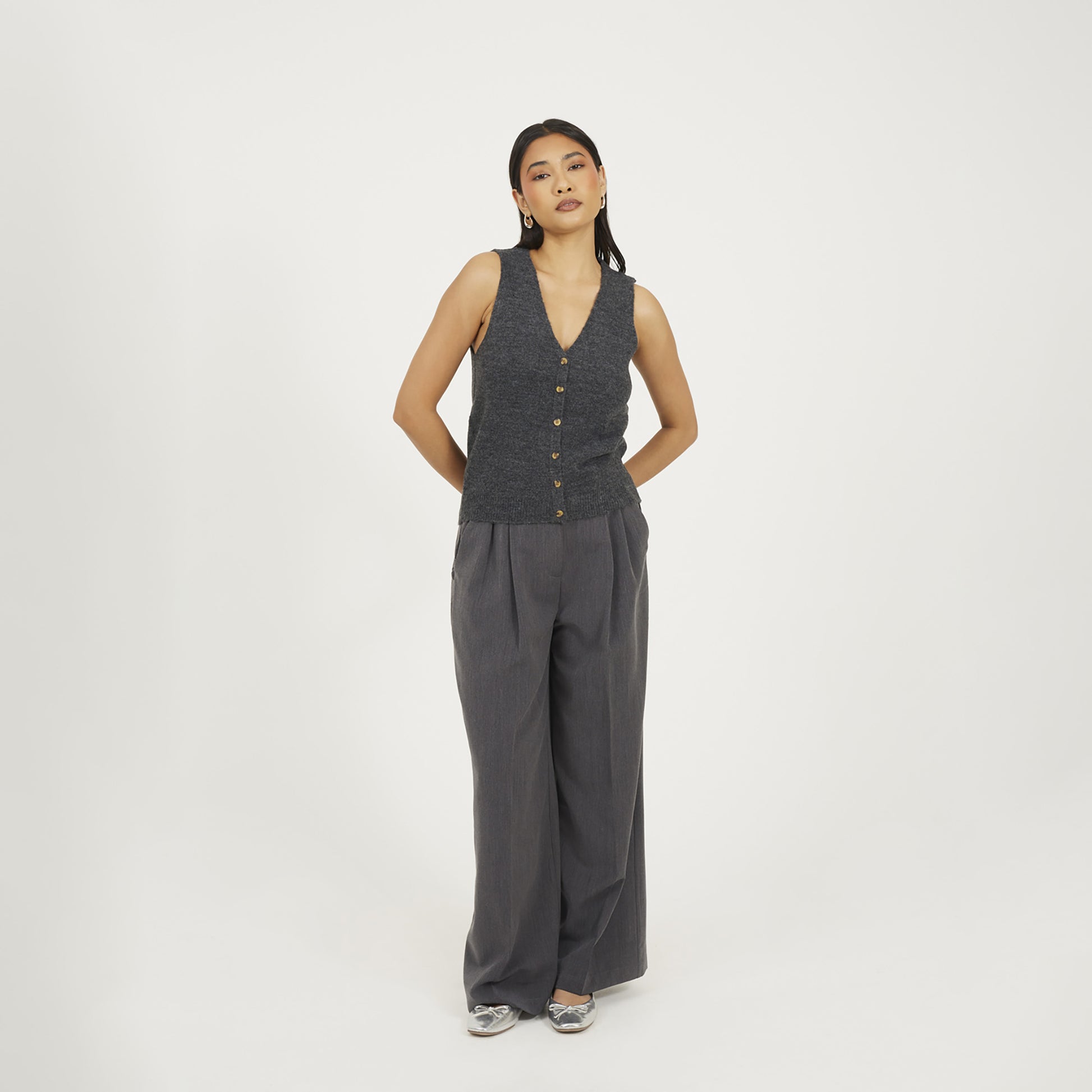 Brave Soul Charcoal Mossy Yarn V-Neck Knitted Waistcoat - Charcoal Image 3