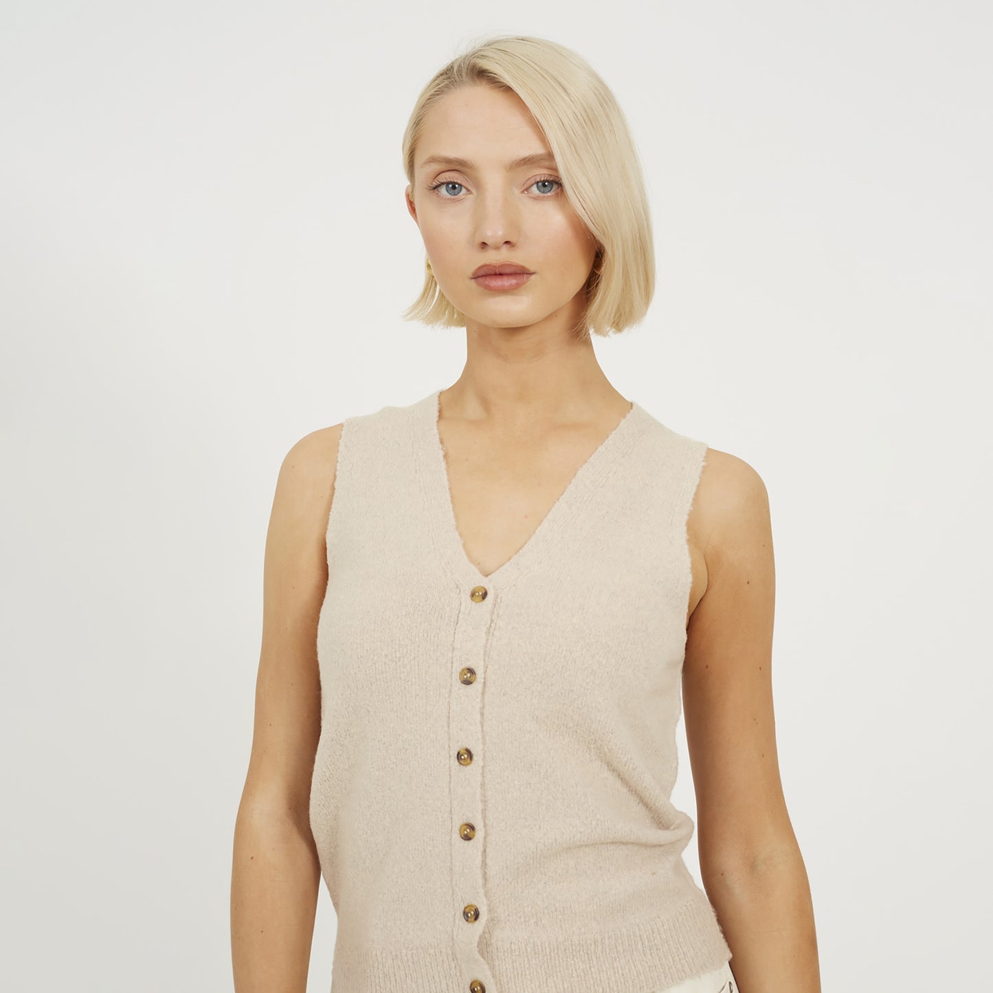 Brave Soul Beige Mossy Yarn V-Neck Knitted Waistcoat - Beige Image 4