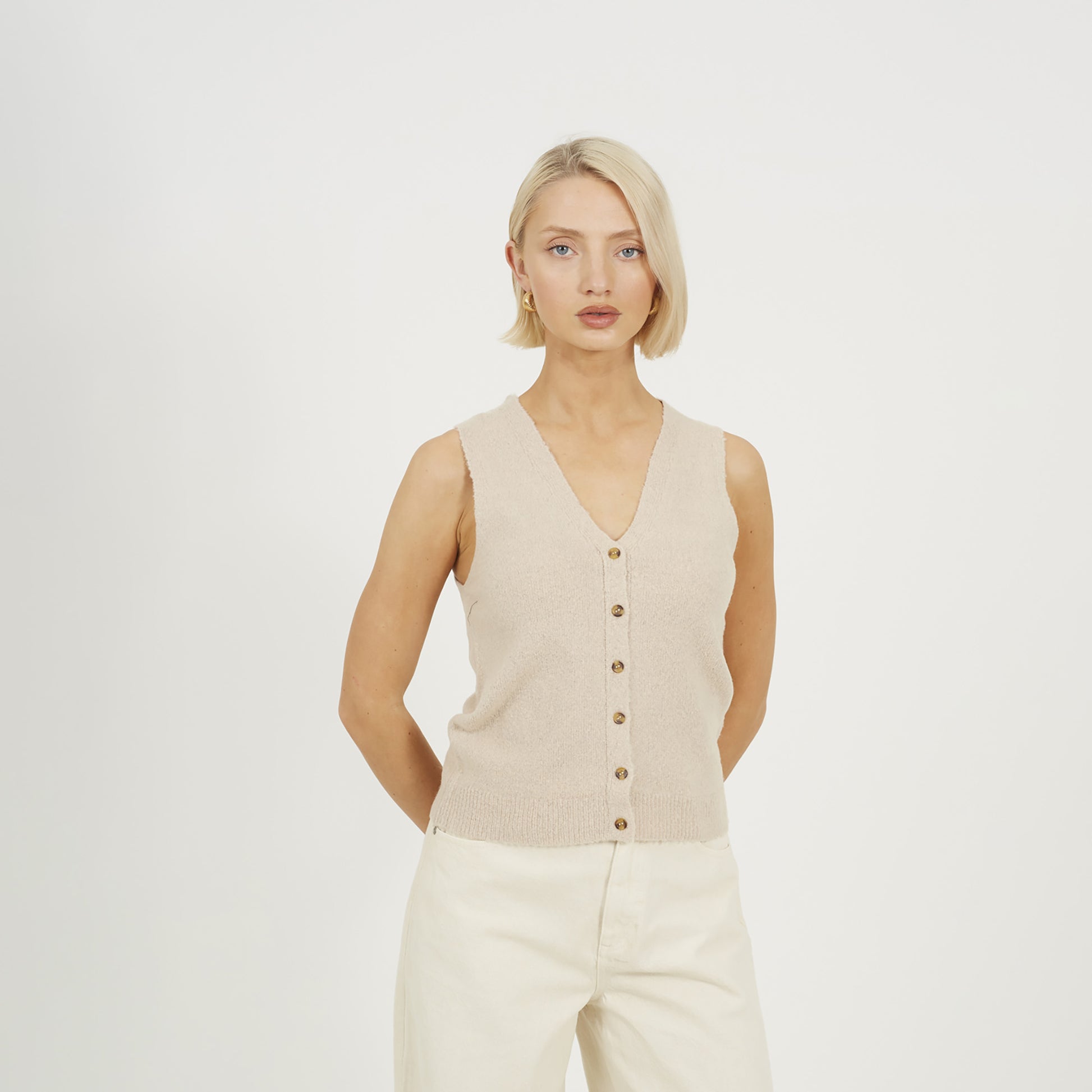 Brave Soul Beige Mossy Yarn V-Neck Knitted Waistcoat - Beige Image 1