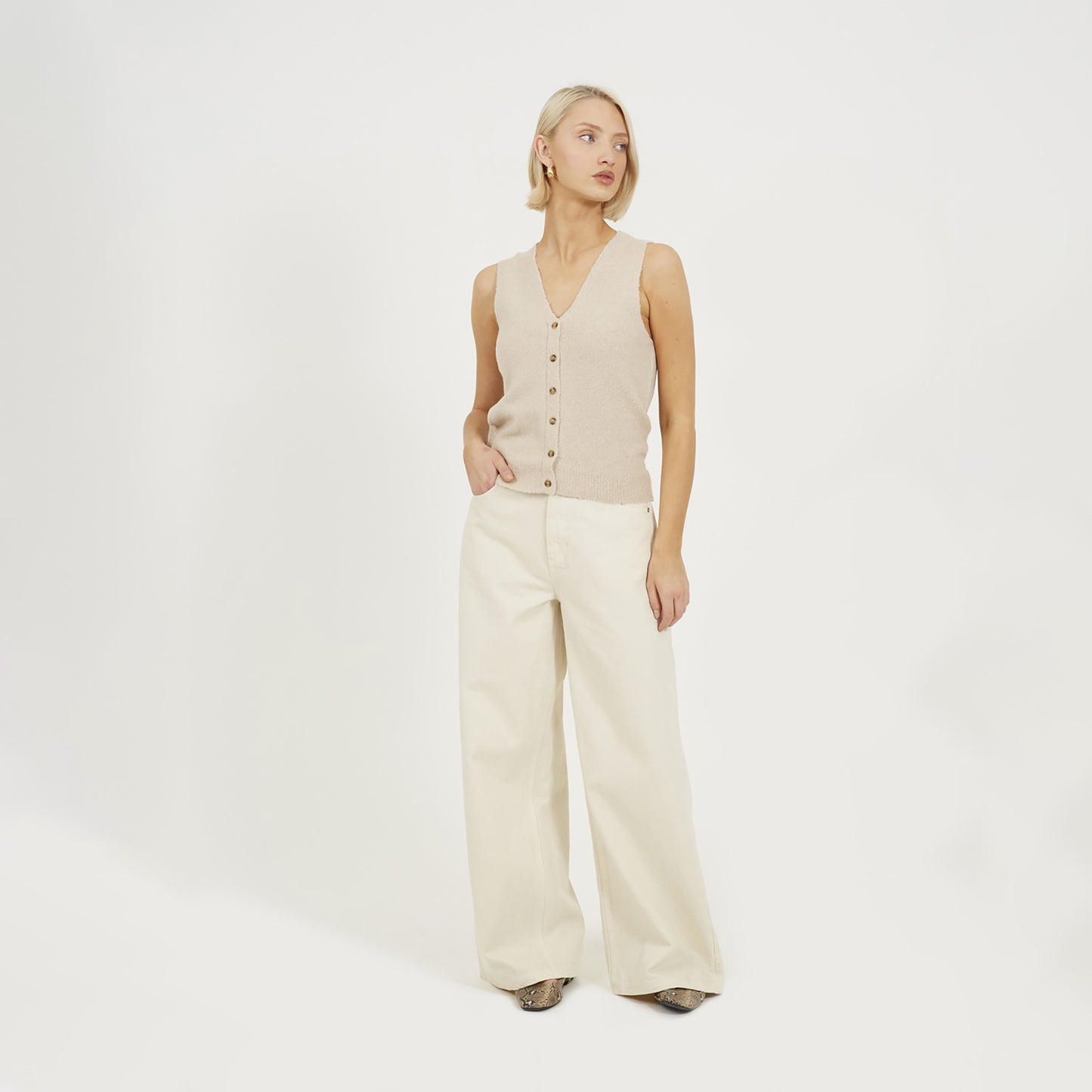 Brave Soul Beige Mossy Yarn V-Neck Knitted Waistcoat - Beige Image 3