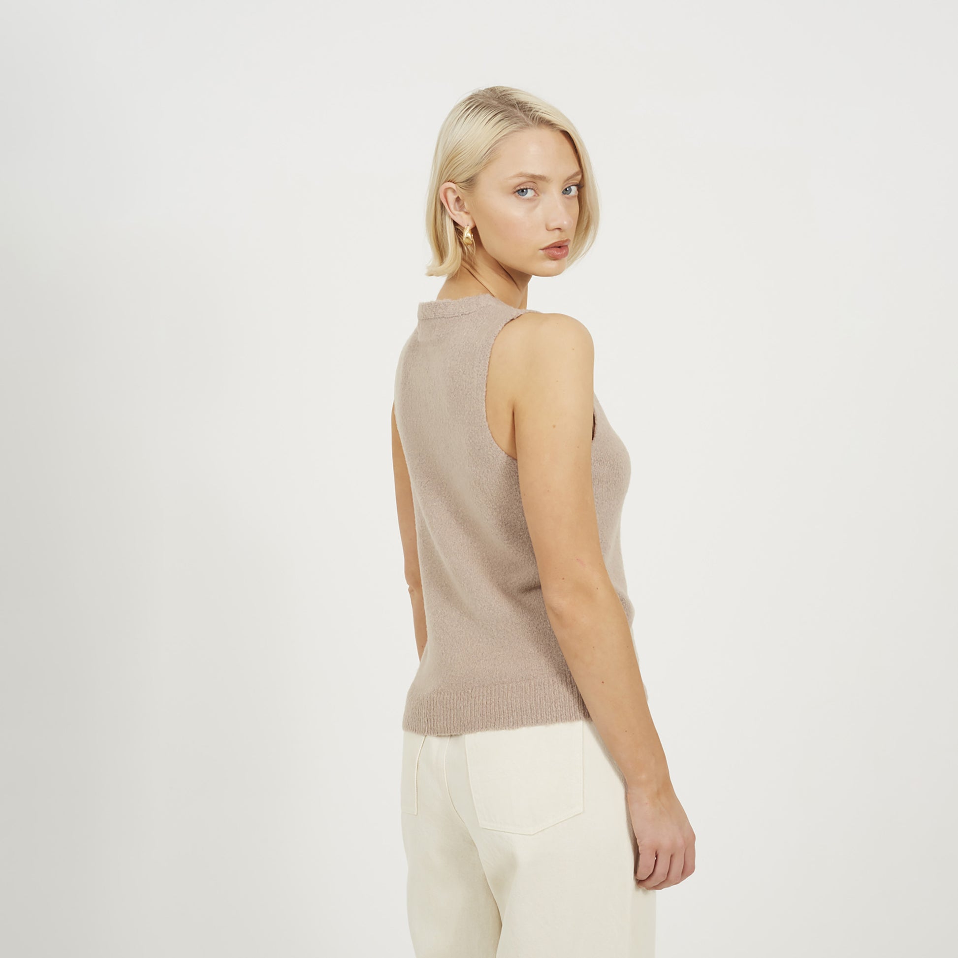 Brave Soul Taupe Mossy Yarn V-Neck Knitted Waistcoat - Taupe Image 2
