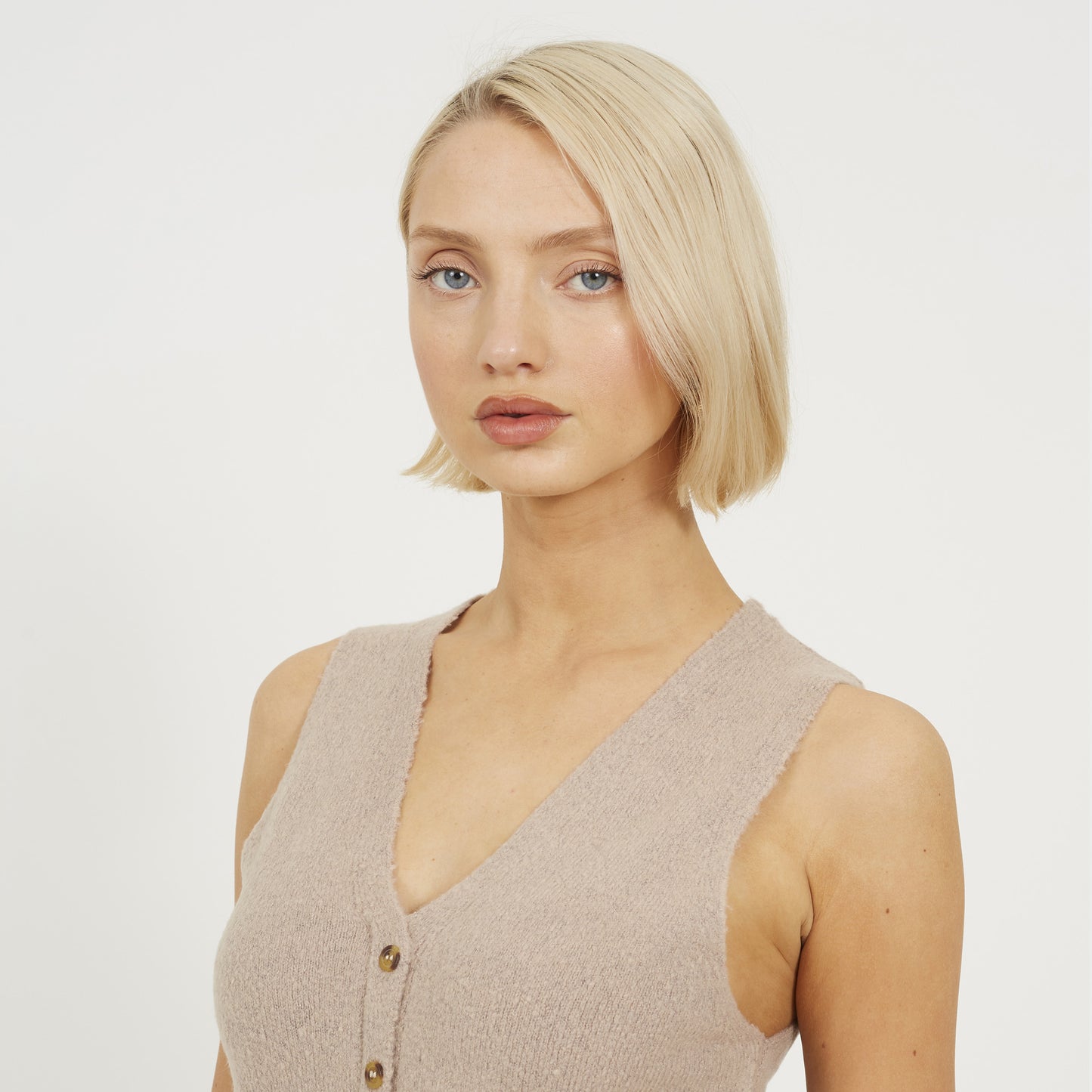 Brave Soul Taupe Mossy Yarn V-Neck Knitted Waistcoat - Taupe Image 4