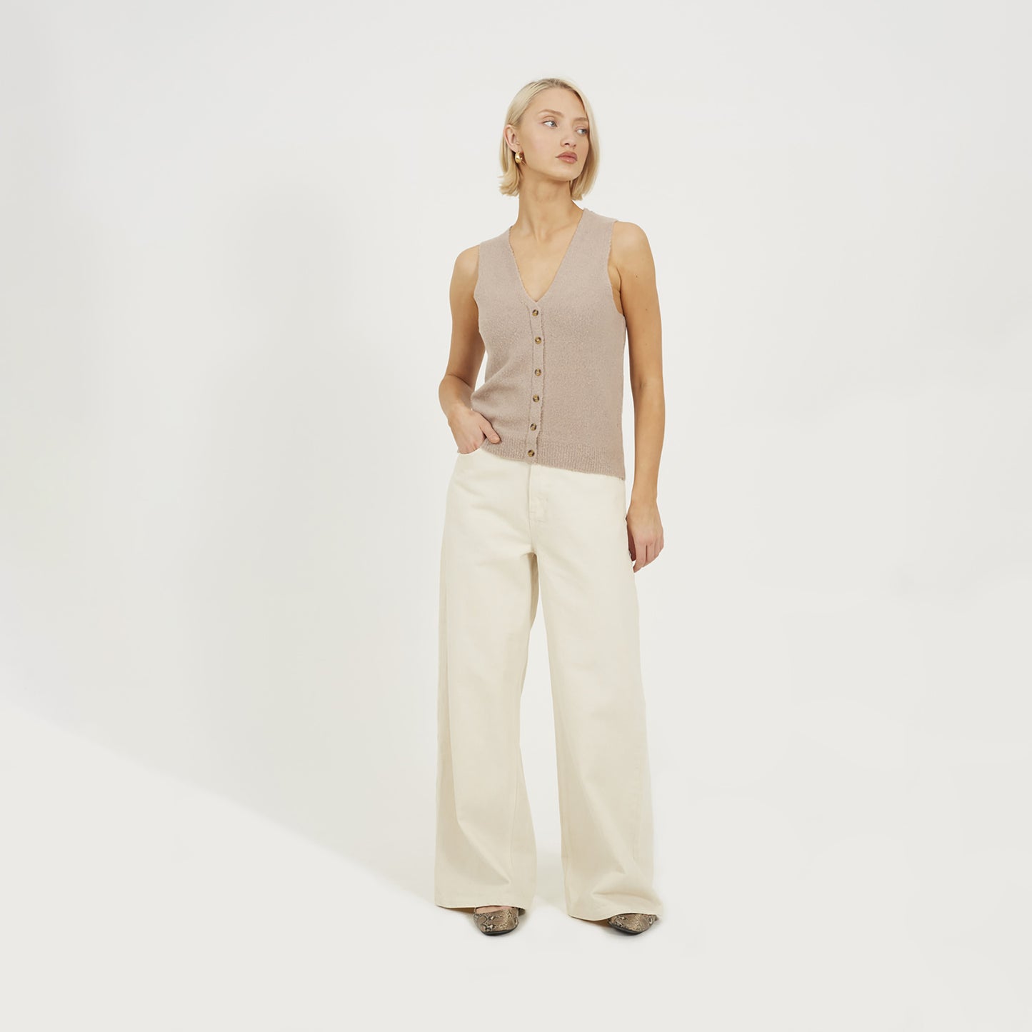 Brave Soul Taupe Mossy Yarn V-Neck Knitted Waistcoat - Taupe Image 3