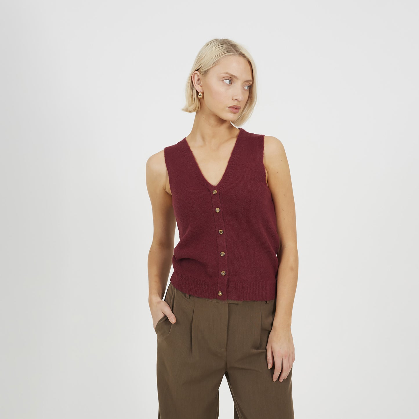 Brave Soul Wine Mossy Yarn V-Neck Knitted Waistcoat - Wine Image 1