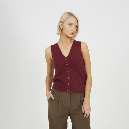 Brave Soul Wine Mossy Yarn V-Neck Knitted Waistcoat - Wine Image 1