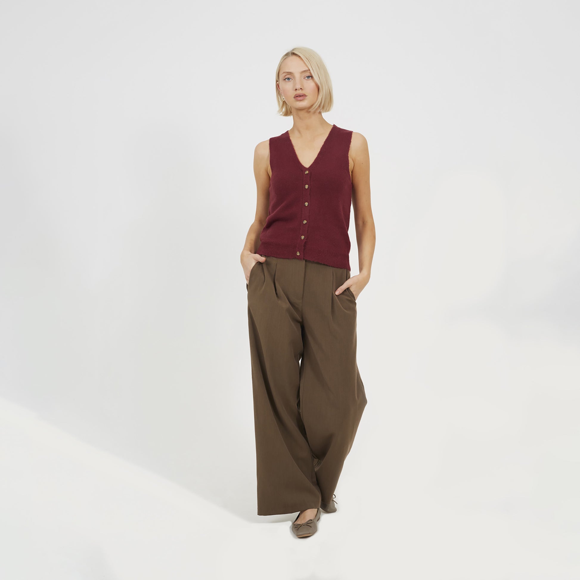 Brave Soul Wine Mossy Yarn V-Neck Knitted Waistcoat - Wine Image 3