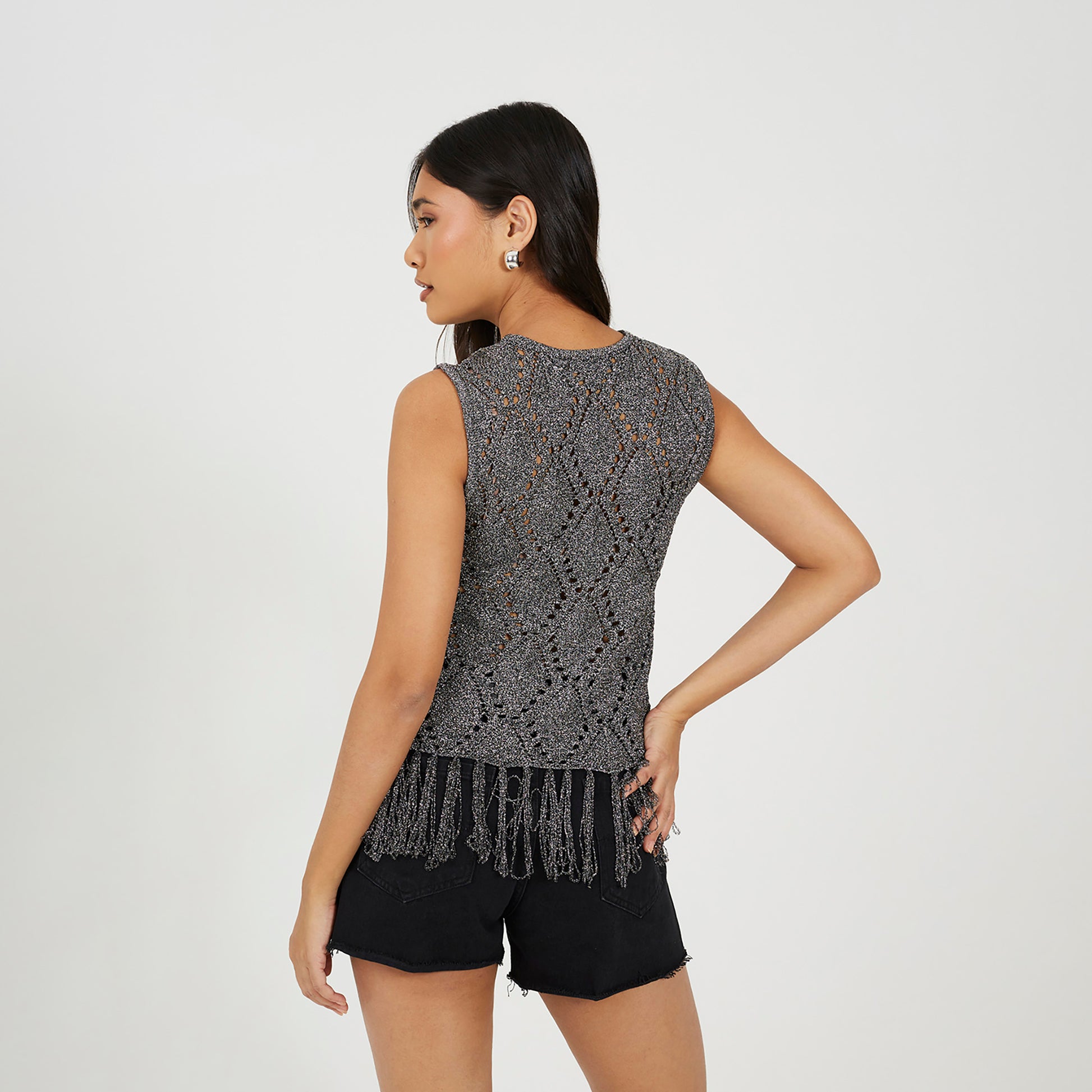 Brave Soul Black Metallic Tie Front Waistcoat - Black Image 2