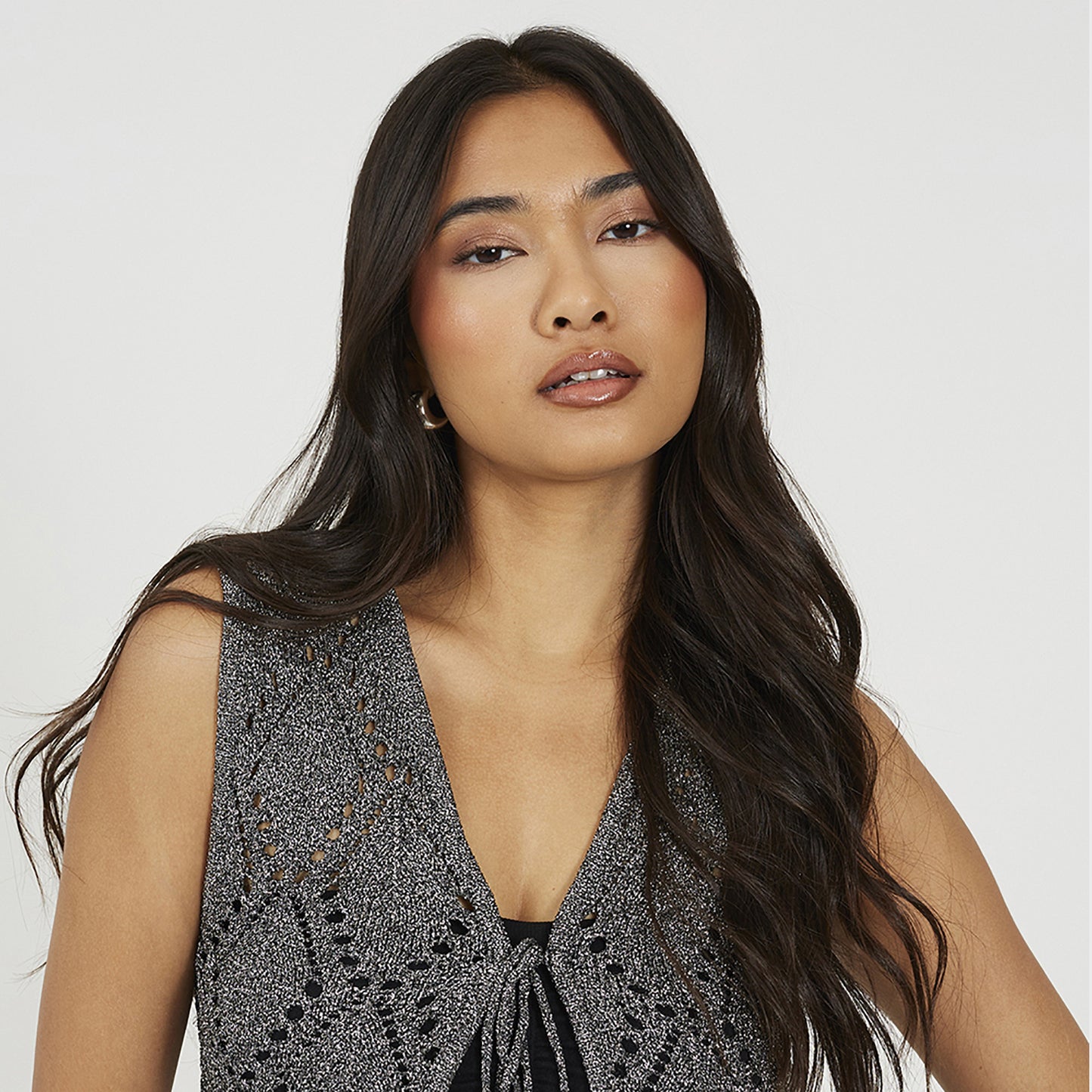 Brave Soul Black Metallic Tie Front Waistcoat - Black Image 4
