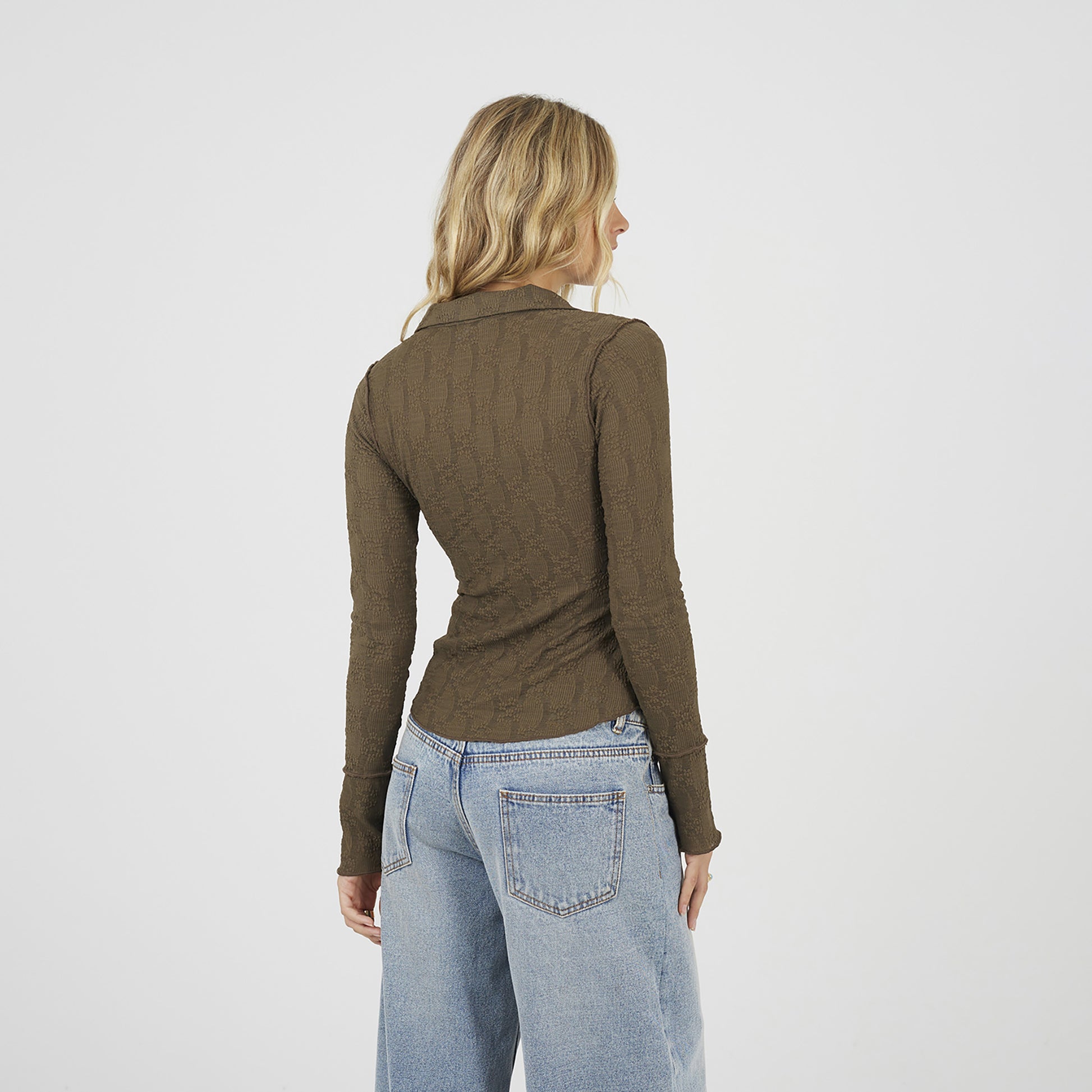 Brave Soul Light Brown Long Sleeve Collared Textured Jersey Top - Light Brown Image 2