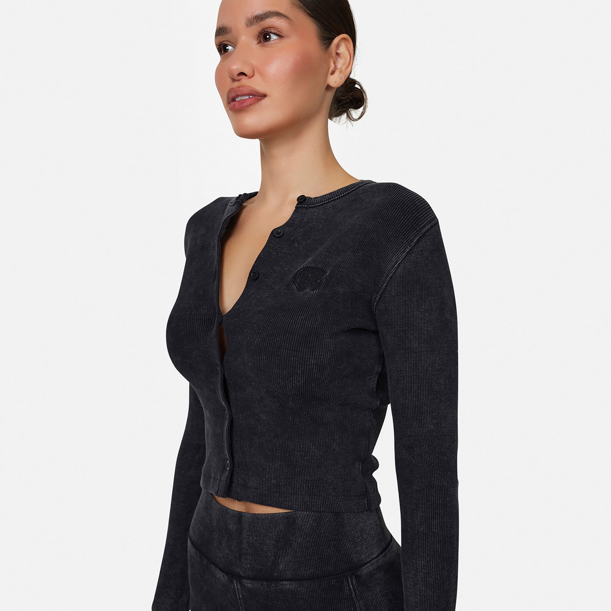 Good For Nothing Black Ribbed Buttoned Long Sleeve Tee - Black Image 3