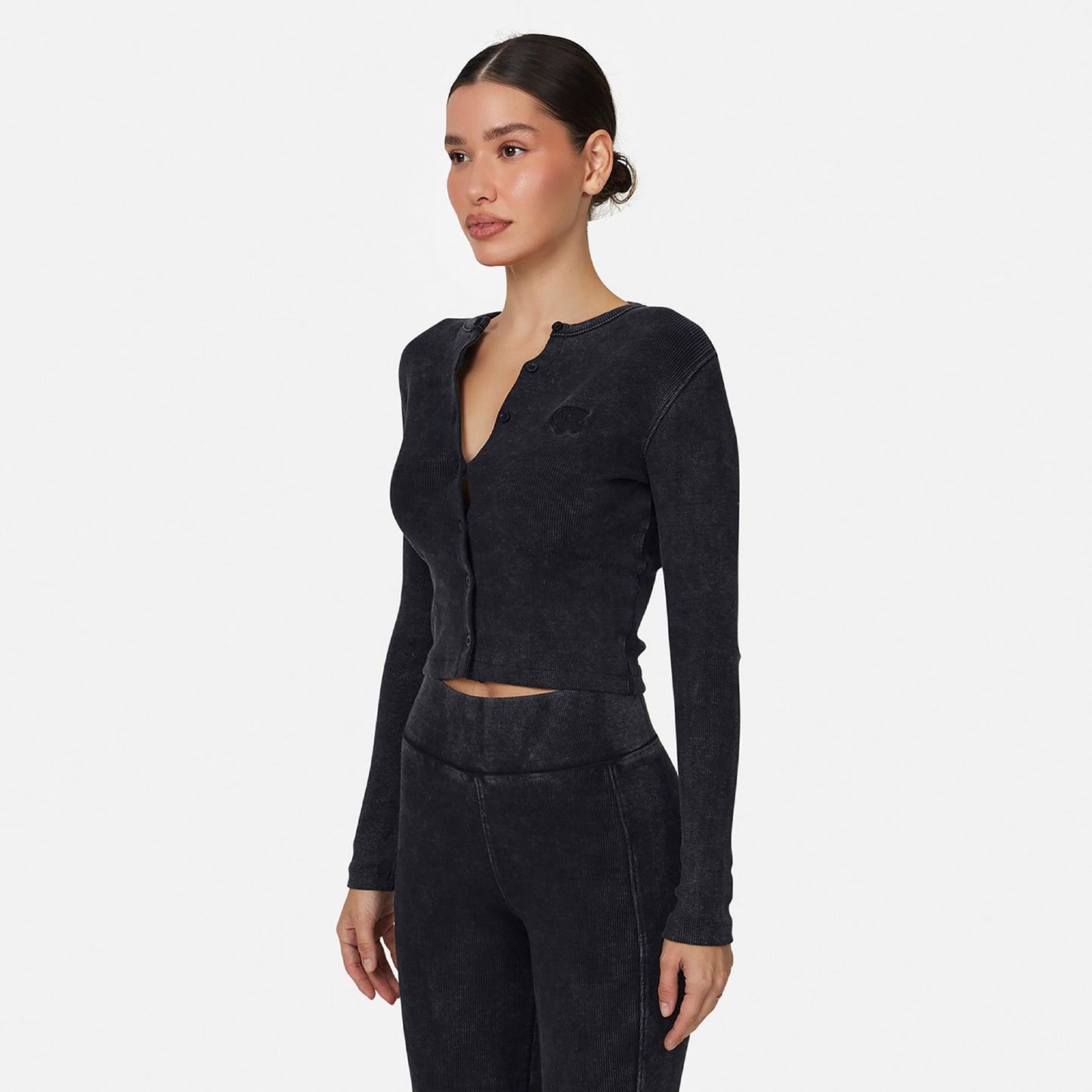 Good For Nothing Black Ribbed Buttoned Long Sleeve Tee - Black Image 5