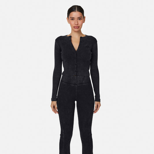 Good For Nothing Black Ribbed Buttoned Long Sleeve Tee - Black Image 1