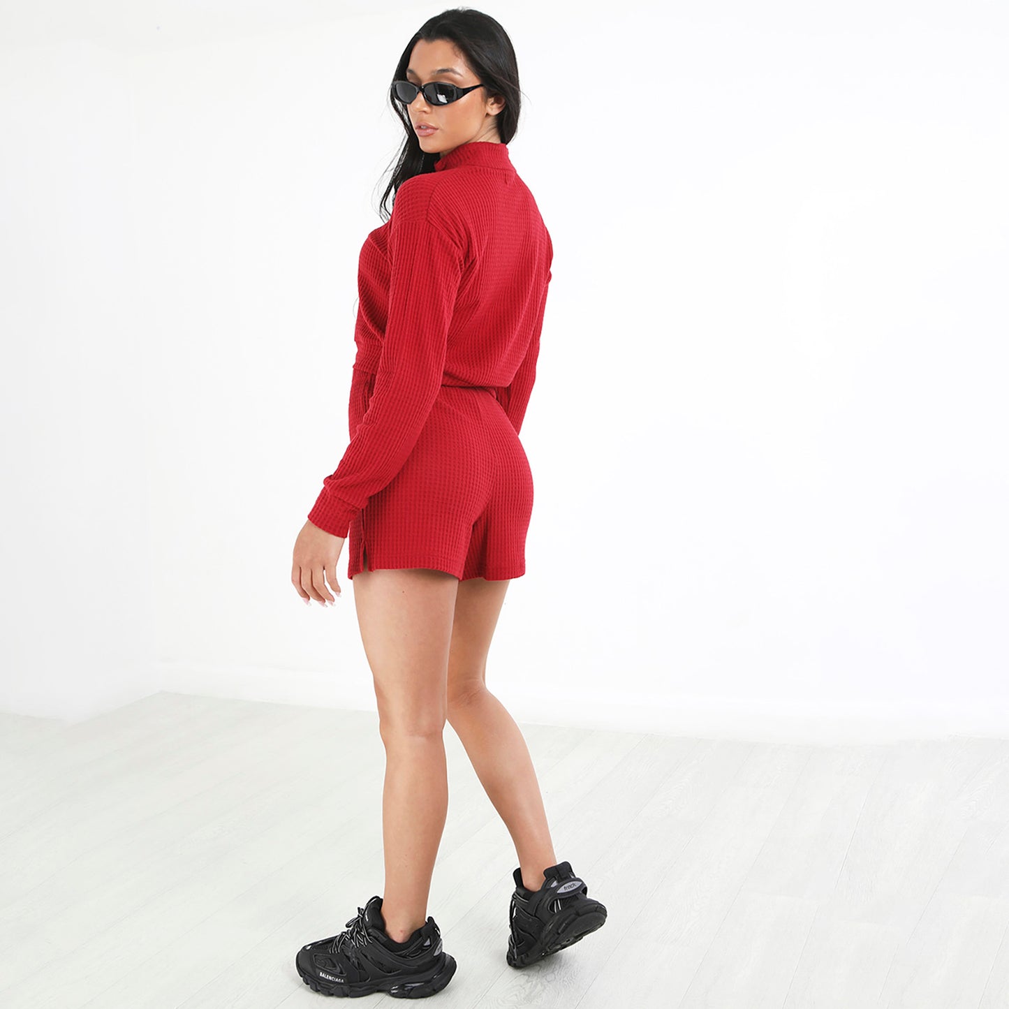 Brave Soul Red Waffle 1/4 Zip & Short Lounge Set - Red Image 2