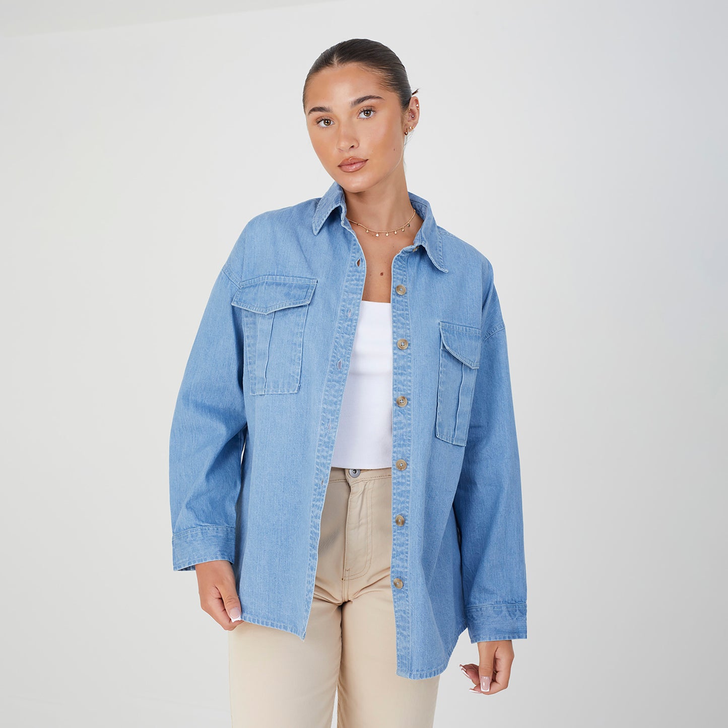 Brave Soul Blue Long Sleeve Chambray Shirt - Blue Image 1