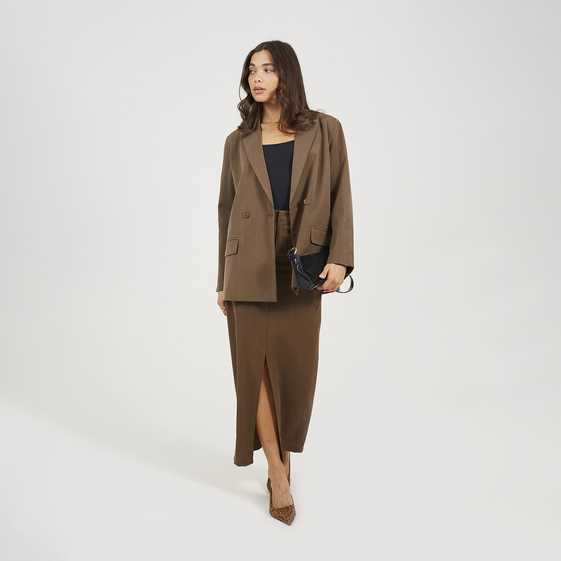 Brave Soul Brown Tailored Midi Skirt With Slit Detail - Brown Image 3
