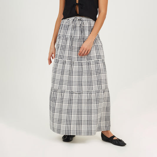 Brave Soul Brown Check Tiered Maxi Skirt - Brown Image 1